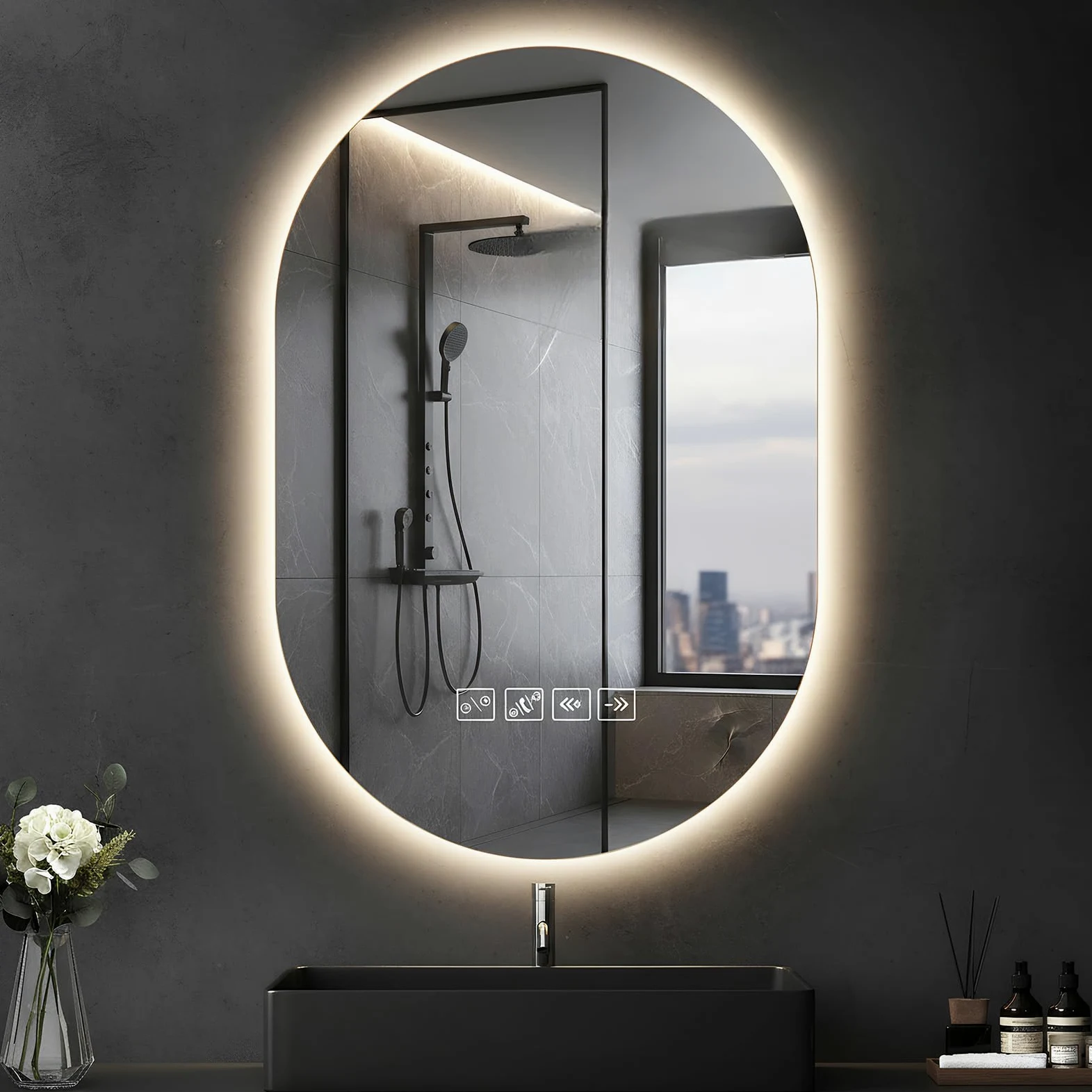 Specchio Bagno con Luce, 75x50cm, Specchio Smart con Antiappannamento, Memoria e Dimmerabile, Bluetooth per Musica, Tasto a Sè, Installazione Orizzontale o Verticale