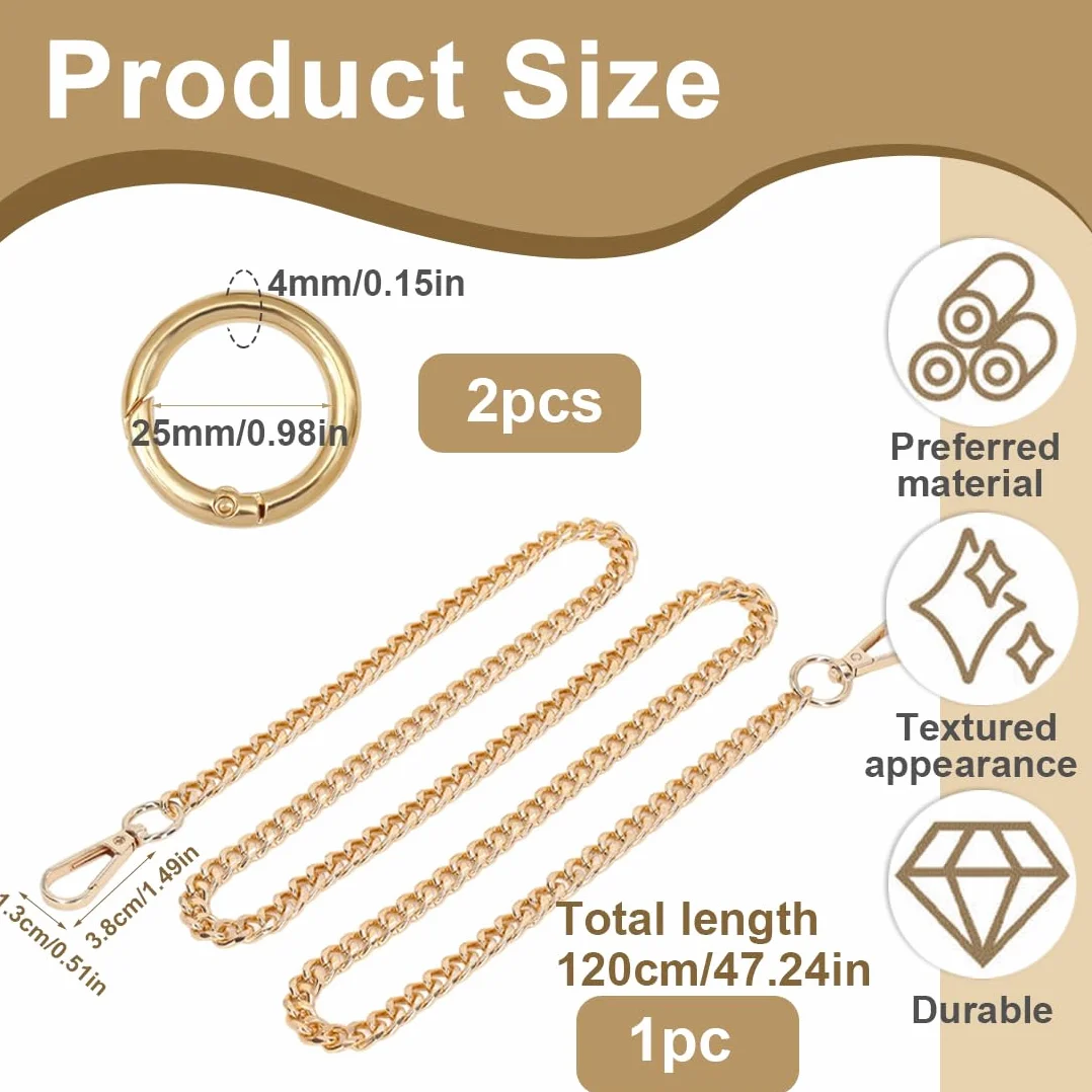 Catena per Borsa a Tracolla 120cm Oro con 2 Chiusure Aragosta Sostituzione Satchel