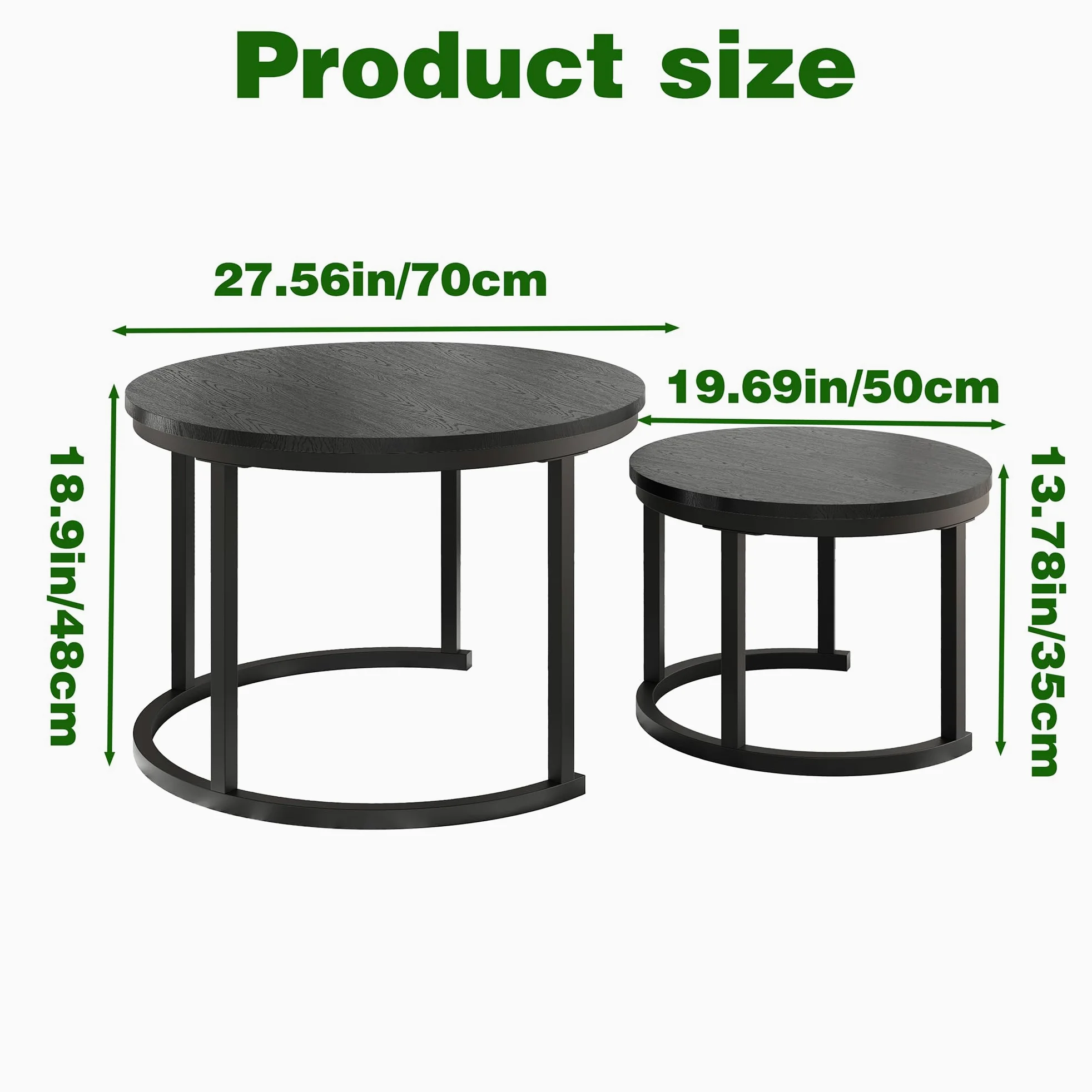 HOMERECOMMEND Tavolino rotondo, set da 2 pezzi, tavolino da salotto in legno, moderno, con struttura in metallo, per soggiorno, balcone, nero