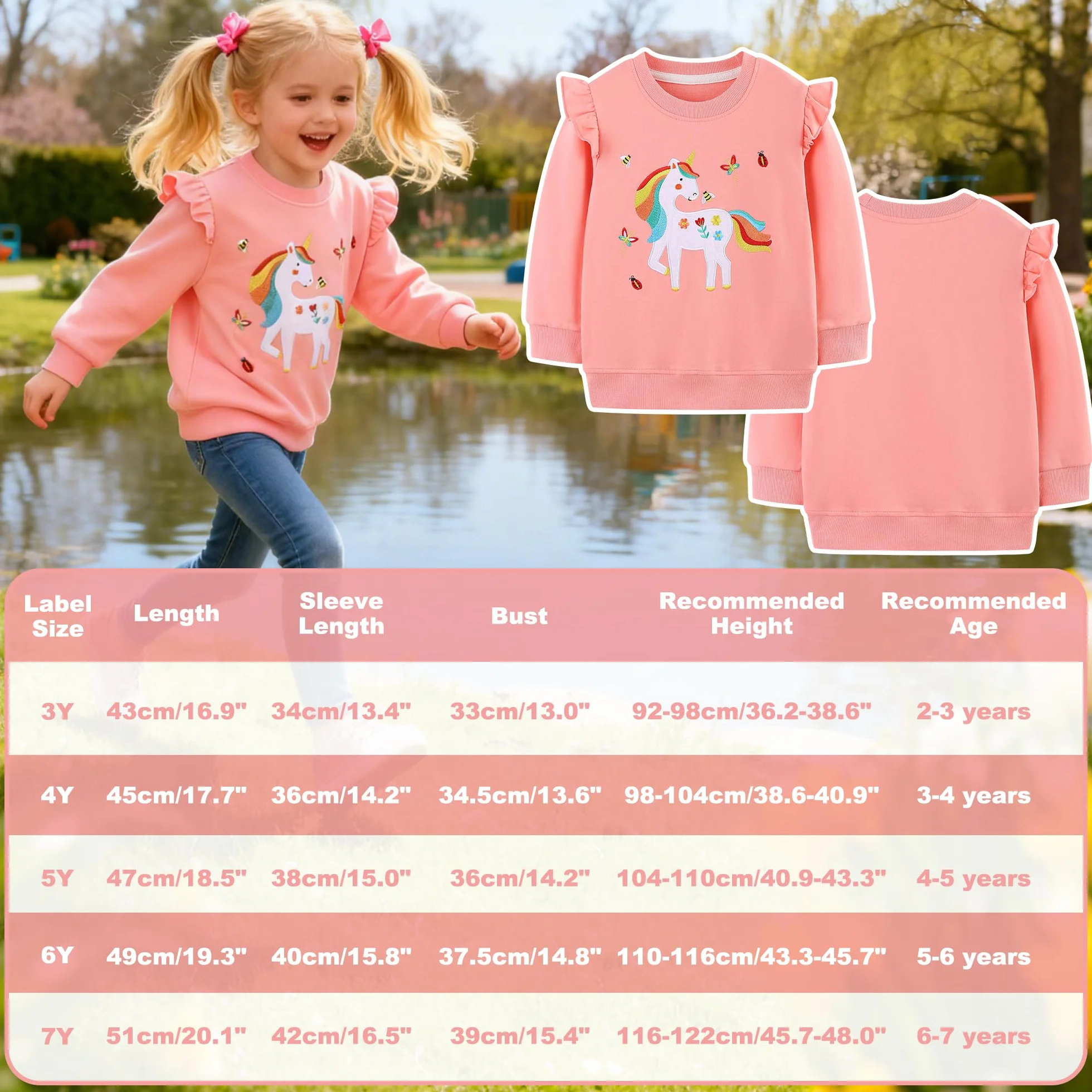 Felpa Bambina Cotone Manica Lunga Maglione Arcobaleno Unicorno Stampato Ricamo Pullover Girocollo 2-8 Anni