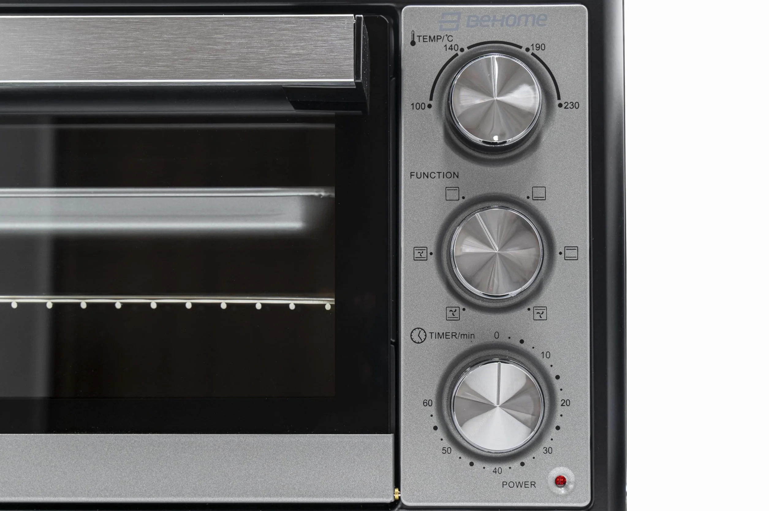 BEHOME Forno Elettrico Ventilato Piccolo 48L da tavolo, Temperatura fino a 230°, Timer 60 min, Forno elettrico da tavolo con griglia, teglia e sollevatore griglia inclusi, antiaderente, doppio vetro