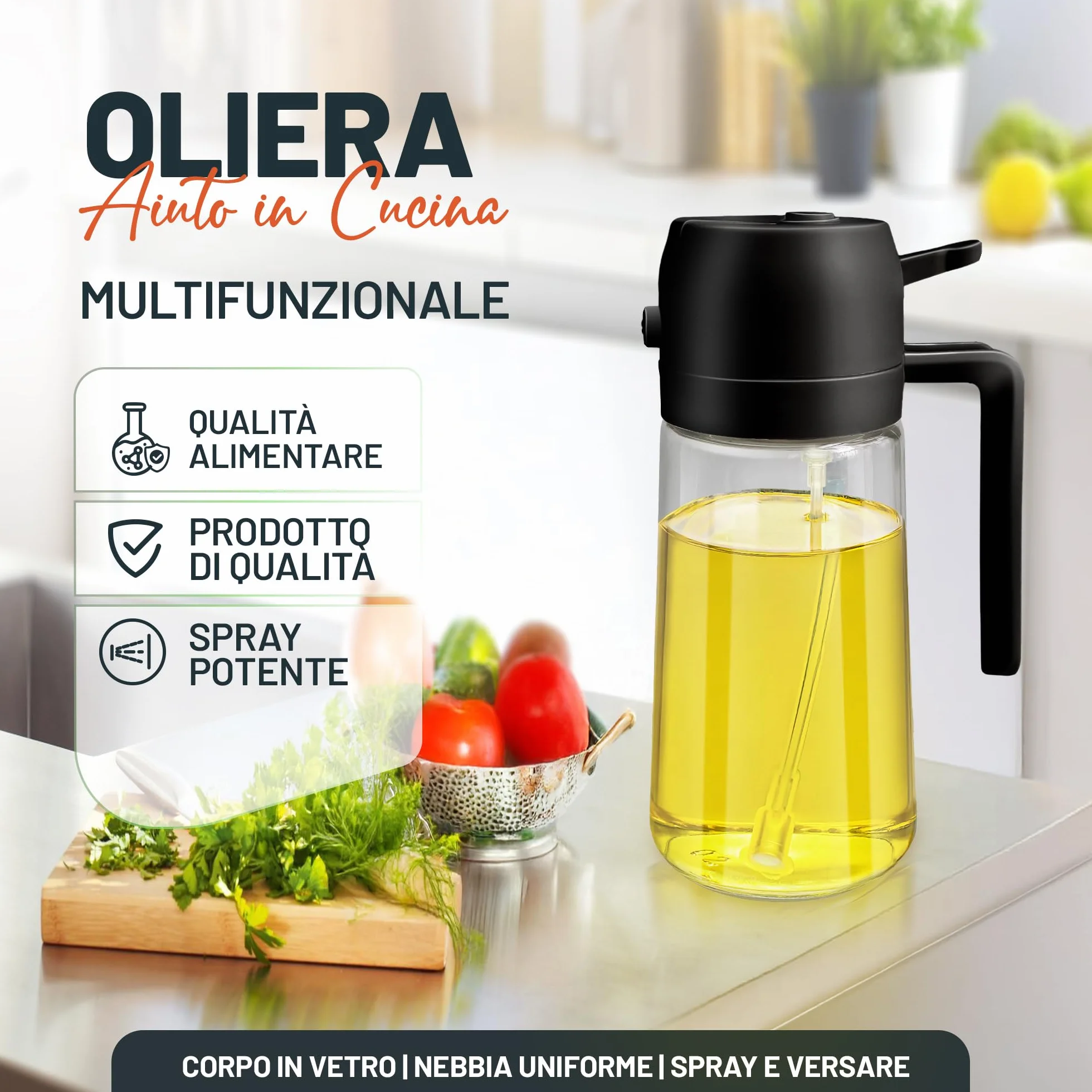 PORTENTUM Spruzzino Olio per Friggitrice Aria 500ml 2 in 1, Bottiglia e Oliera, Accessori Friggitrice Aria Nero