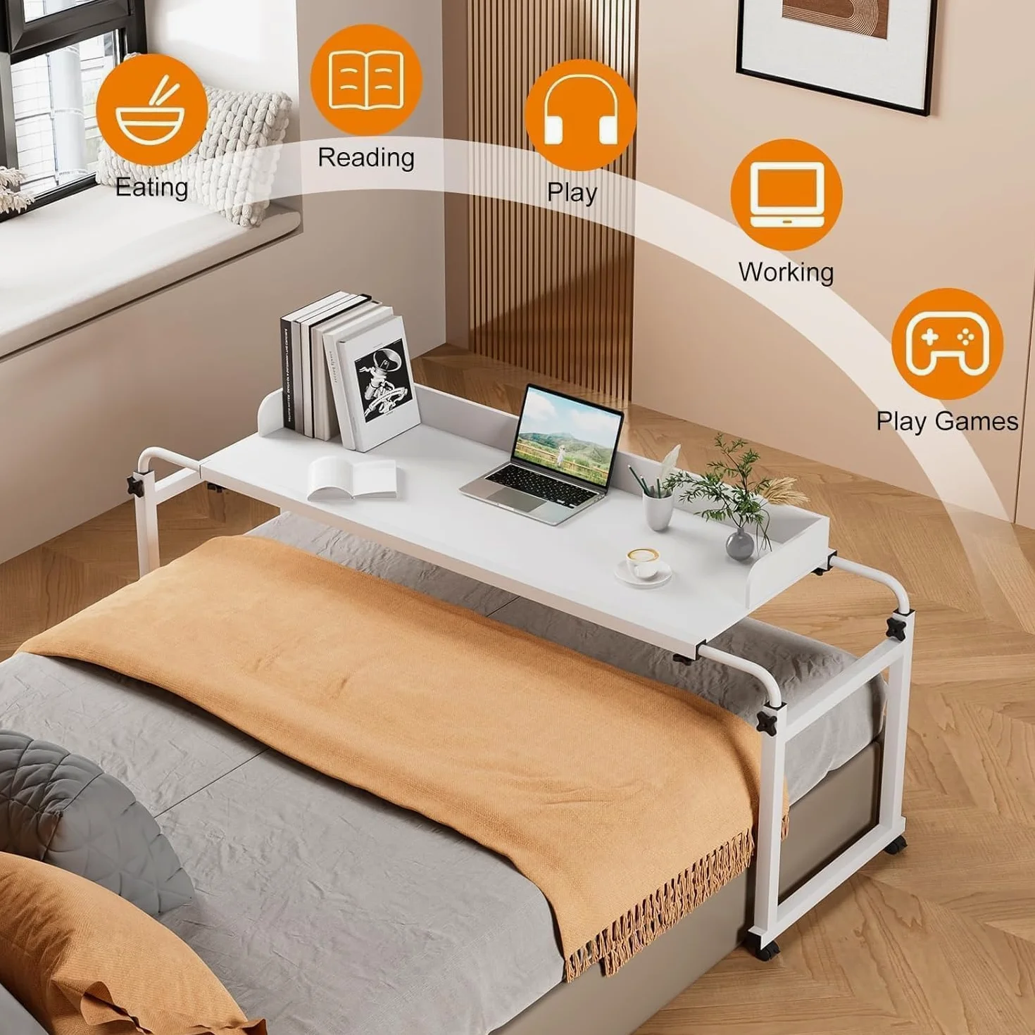 Scrivania Regolabile sopra Il Letto con Ruote - Tavolo per Laptop allungabile Multiuso in Altezza e Larghezza per Comodino, postazione di Lavoro in Piedi, tavolino Laterale Mobile da Let(Color:Nero)