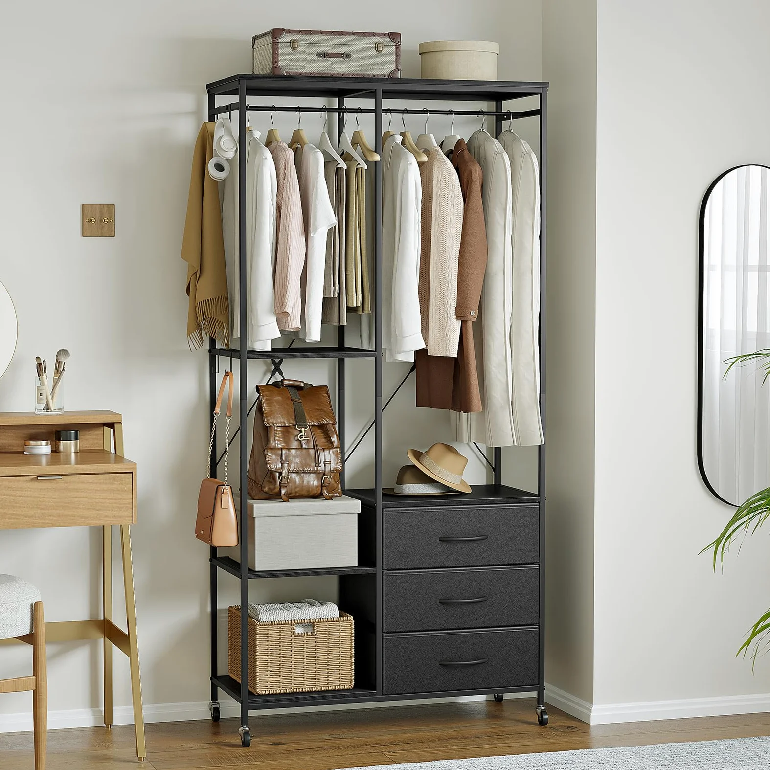 Appendiabiti con Cassetti, Stand Appendiabiti, Armadio Aperto, Guardaroba, Attaccapanni Moderno, Ripiani Regolabili, 4 Ganci, Nero