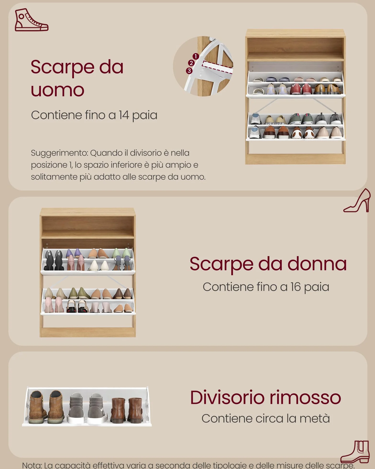 VASAGLE CUSTOS Collezione Scarpiera 24 x 80 x 102 cm 14-16 Paia Rovere Dorato e Bianco Nuvola