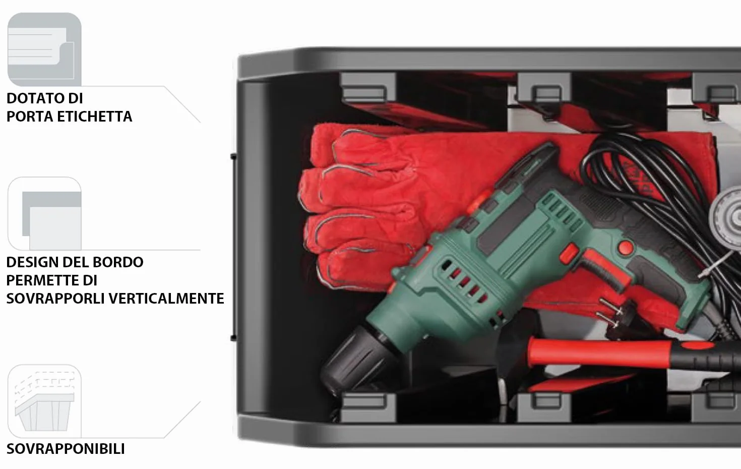 Set di 6 Contenitori a Bocca di Lupo | 49x30x21 cm | Impilabili | Sovrapponibili | Nero | in Plastica