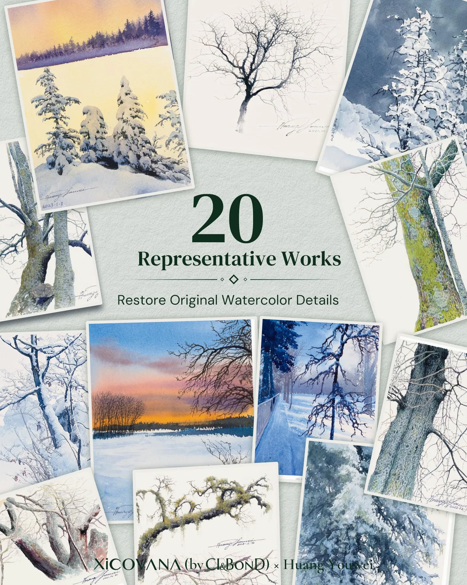 XiCOVANA Huang Youwei Tree Series - Set di fotocopie ad acquerello, riproduzione autorizzata dall'artista, 20 fogli di carta artistica di alta qualità, confezione regalo in velluto per tracciare