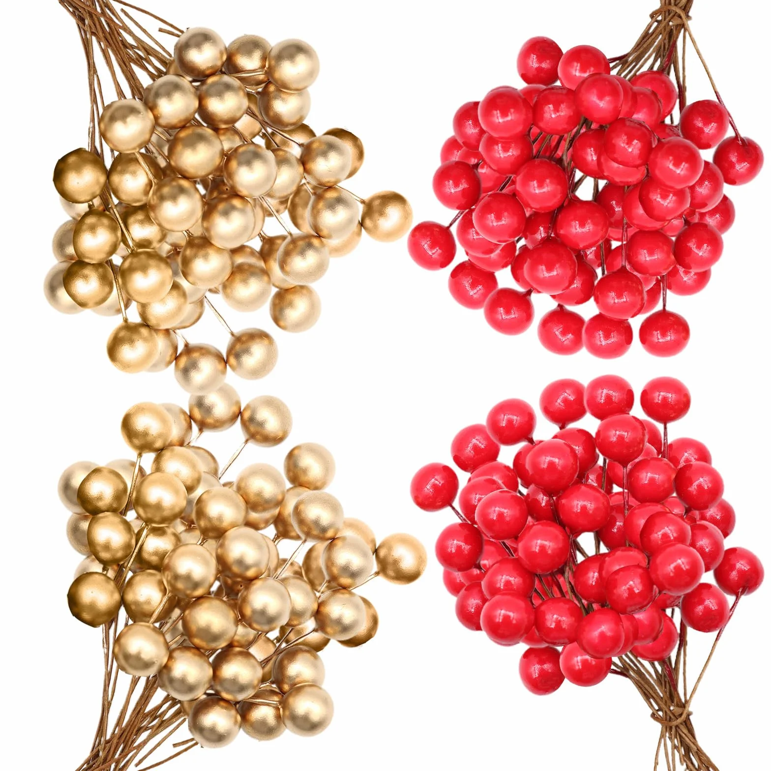 Bacche di Natale Artificiali VEGCOO 210 Pezzi 10 mm Agrifoglio Rosso e Oro per Decorazioni Natalizie