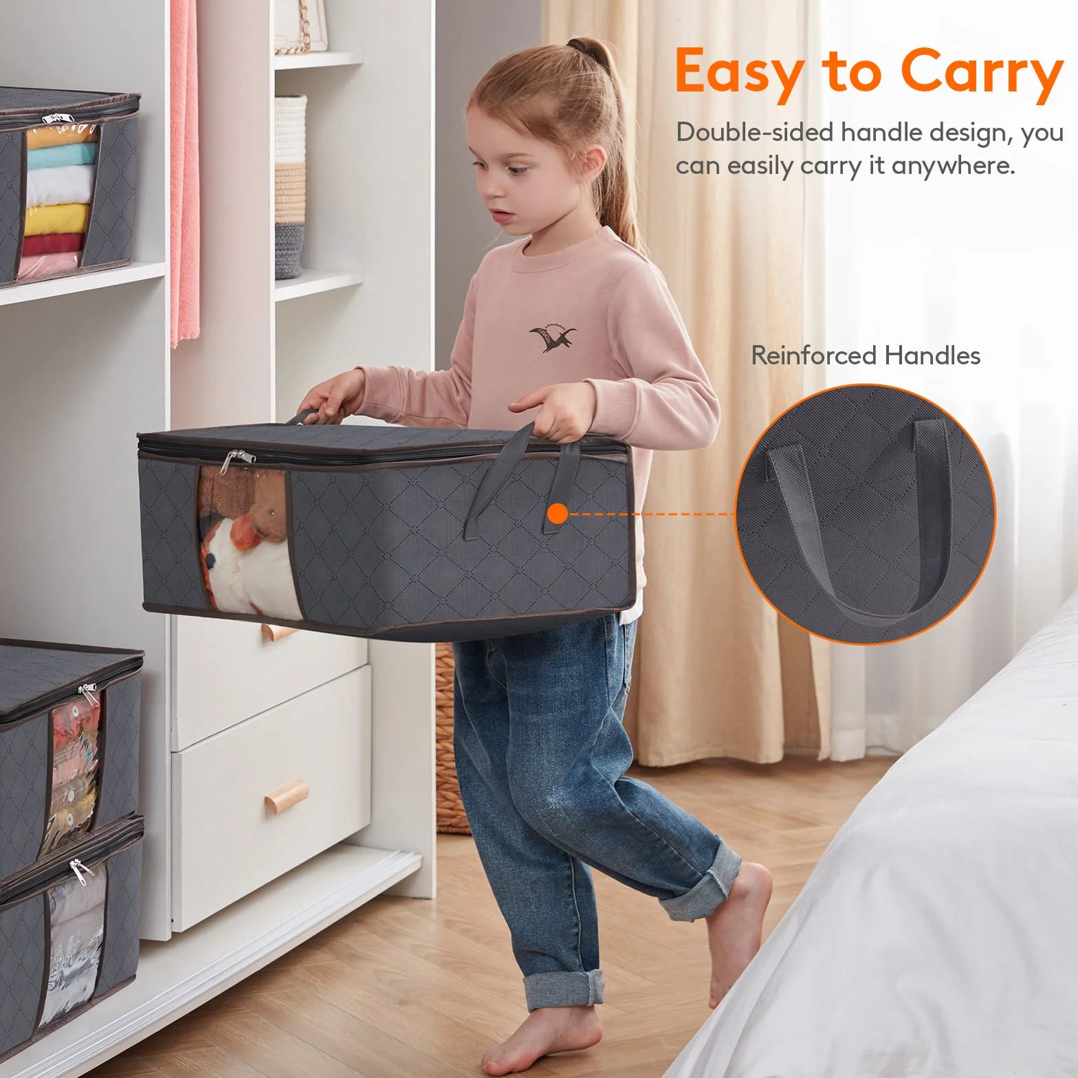 Lifewit Borsa Pieghevole per Vestiti Confezione da 4, Scatola Organizer per Stoccaggio Indumenti con Maniglia Rinforzata e Finestra Trasparente per Asciugamani, Maglioni, Magliette, 35L, Grigio