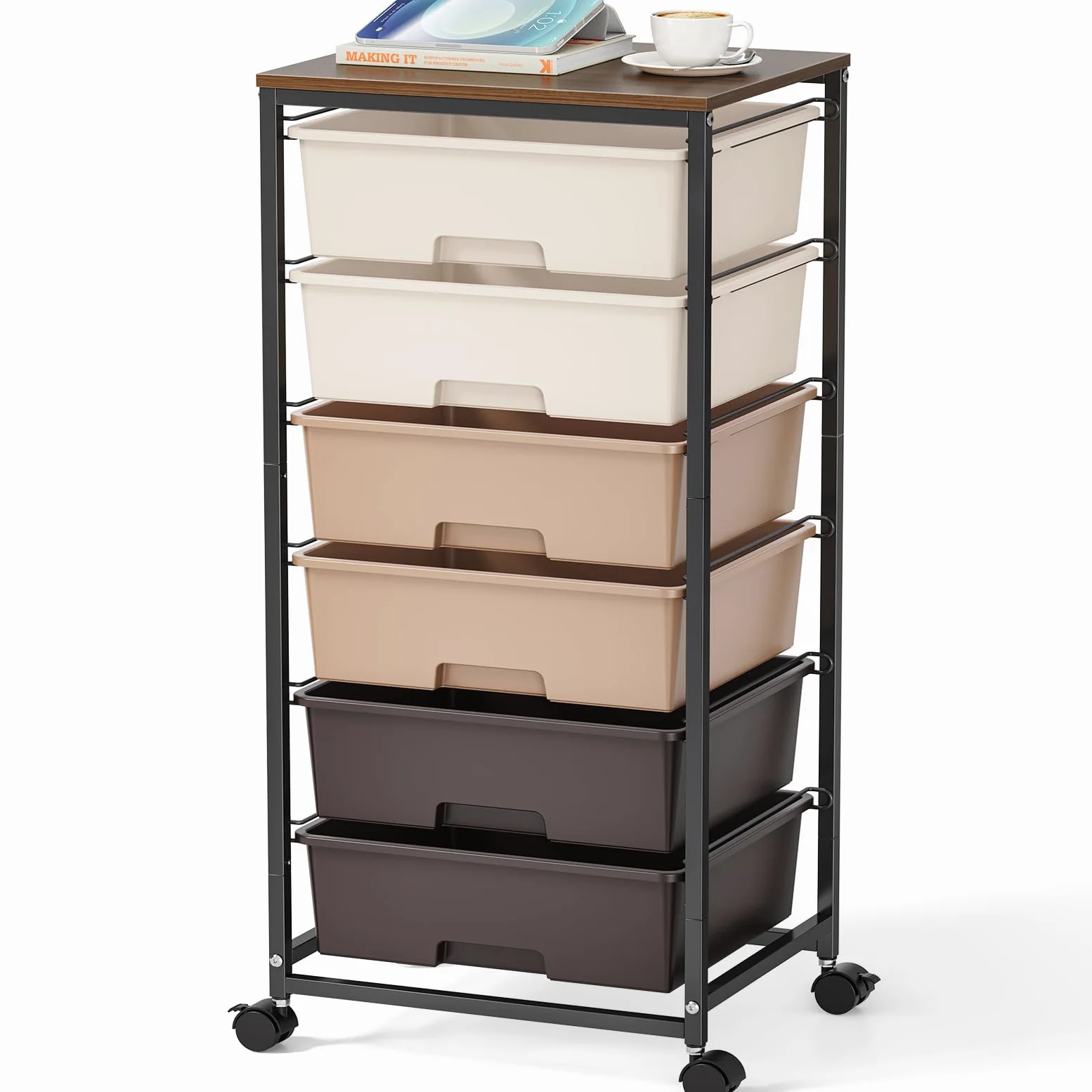 Carrello a 6 cassetti con piano in legno, robusto contenitore in plastica, per ufficio, cameretta dei bambini e fai da te, carrello con ruote bloccabili, colore marrone