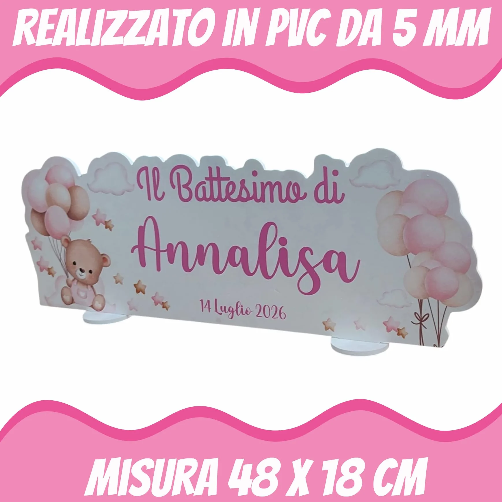 PV Grafik® Centro Tavola Battesimo Personalizzato, Centro Tavola confettata Battesimo, Tema Orsetto Bimba, Allestimento Battesimo Nome per Confettata Personalizzato (40B)