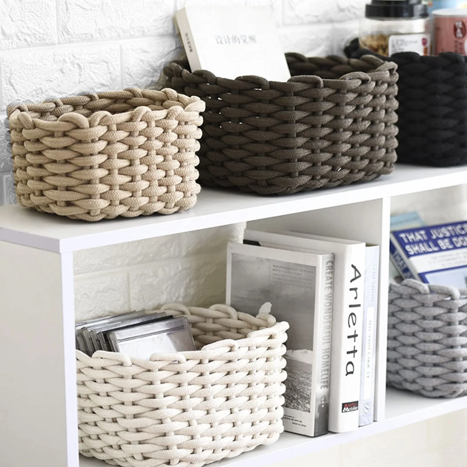 Cestini in Corda di Cotone Set di 3 Organizer Decorativi Naturali Rettangolari Icegrey