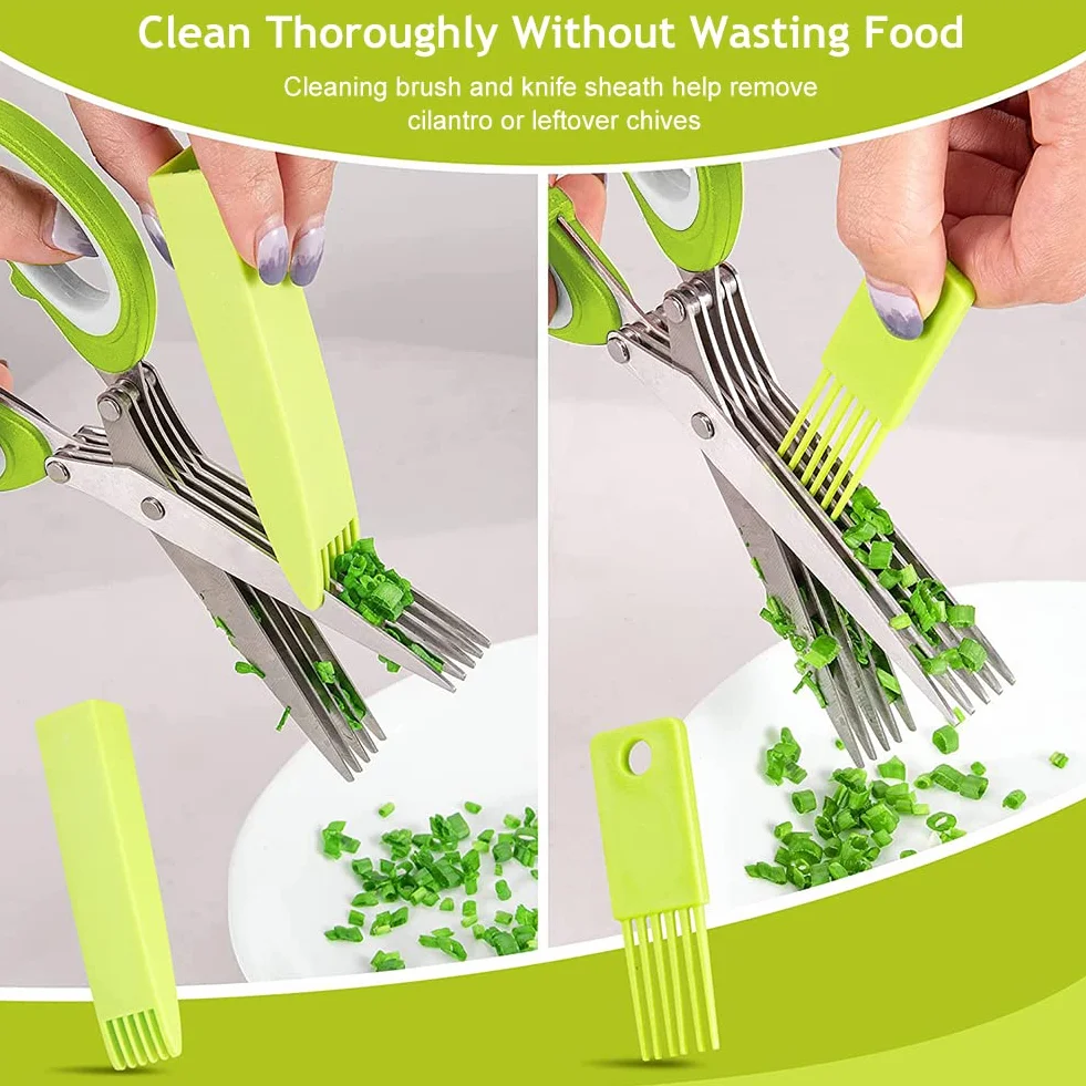 Forbici per spezie, erbe aromatiche, acciaio inox, 5 lame, pettine pulizia, copertura sicurezza, fori spelare verdure, prezzemolo, coriandolo, Butyeak
