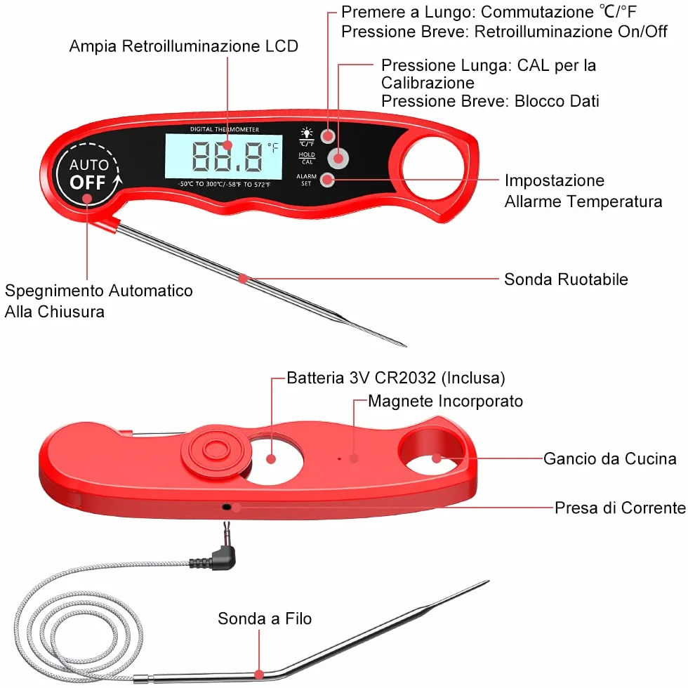 CIRYCASE Termometro Cucina a Lettura Rapida con Sonda da 102cm LCD per Forno BBQ Carne