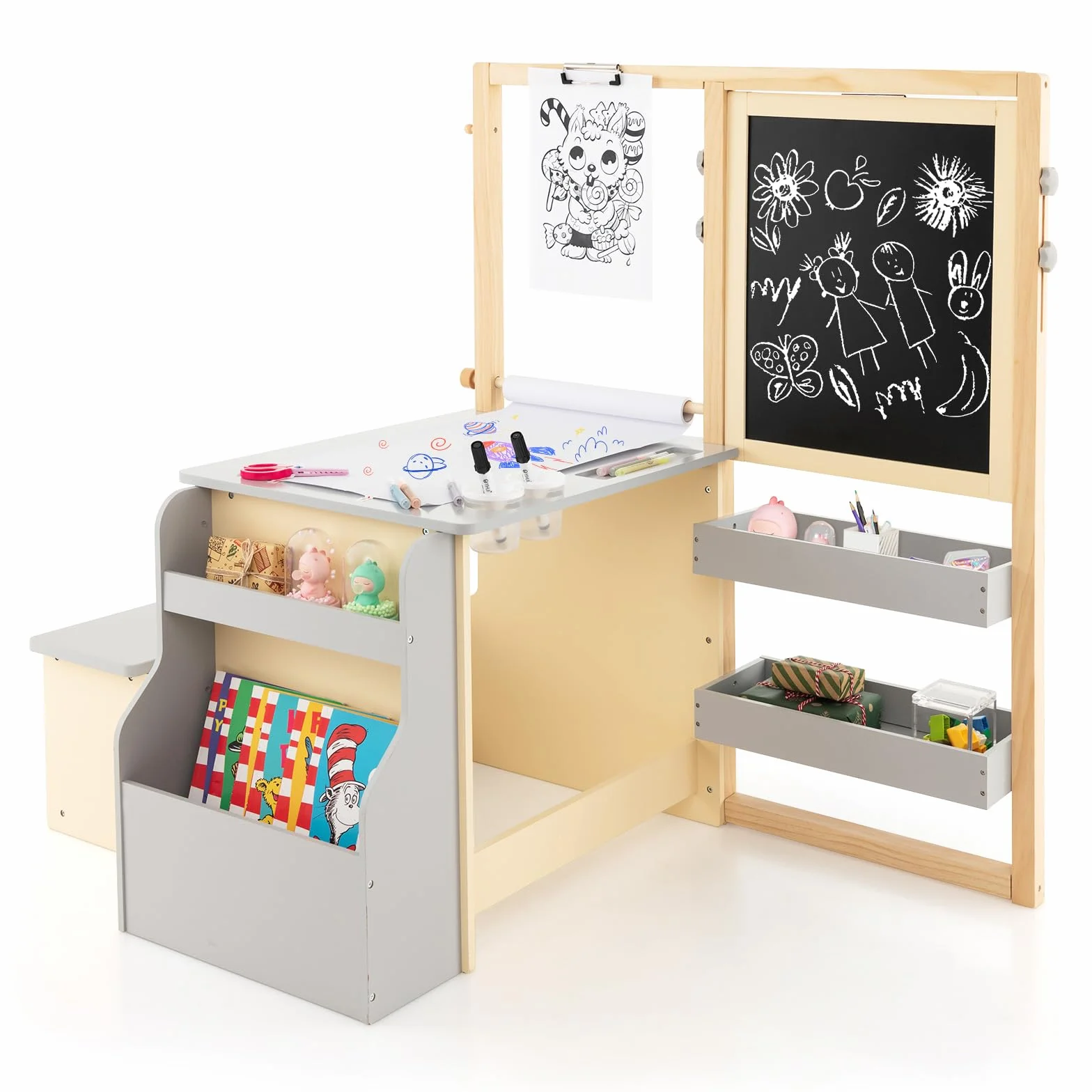 RELAX4LIFE Set Tavolo con Sedie 3 in 1, Cavalletto Regolabile/Scaffale/Scrivania/Lavagna Bianca/Lavagna Nera/Libreria con Tazze,Pennarelli,Gomma, Gessetti,114x81x100 cm (GRIGIO)