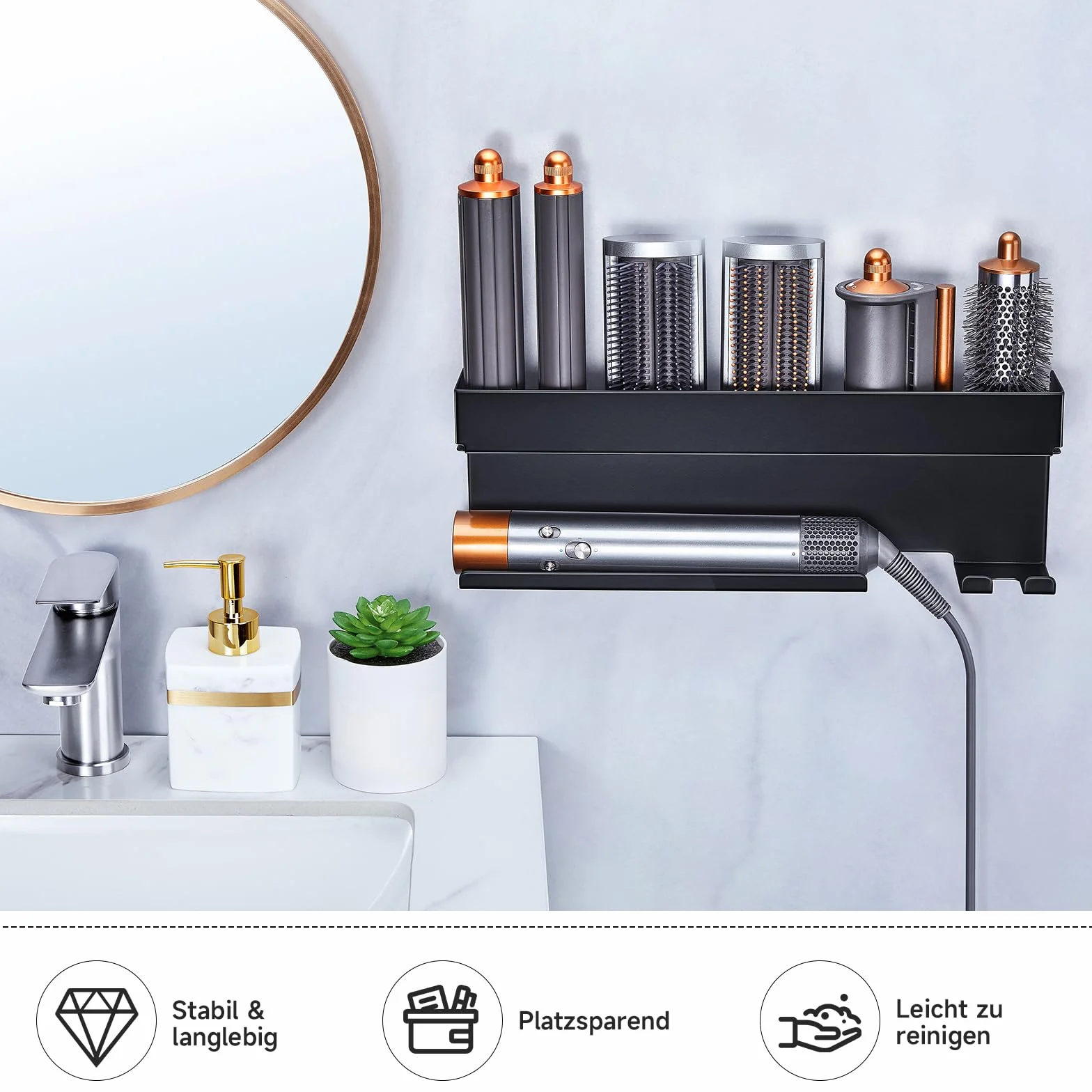 YYBO Supporto Asciugacapelli da Parete, Porta Phon da Muro Adesivo per Asciugacapelli Accessori Styler Curling Device, Porta Phon e Piastra per Camera da Letto, Bagno (Nero)