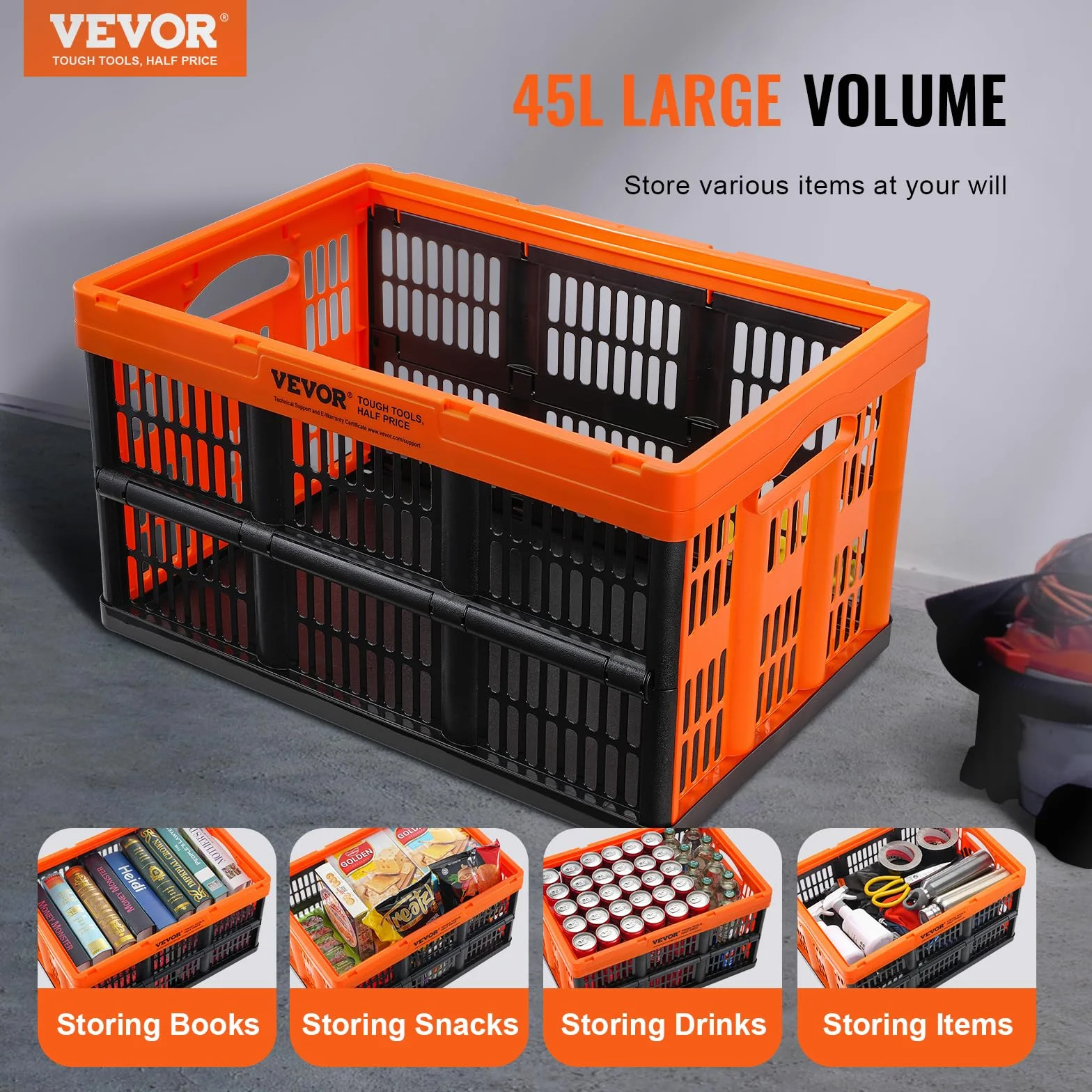 VEVOR Contenitore Pieghevole Portaoggetti in Plastica Scatola di Stoccaggio 3 Pz 45L Nero Arancione