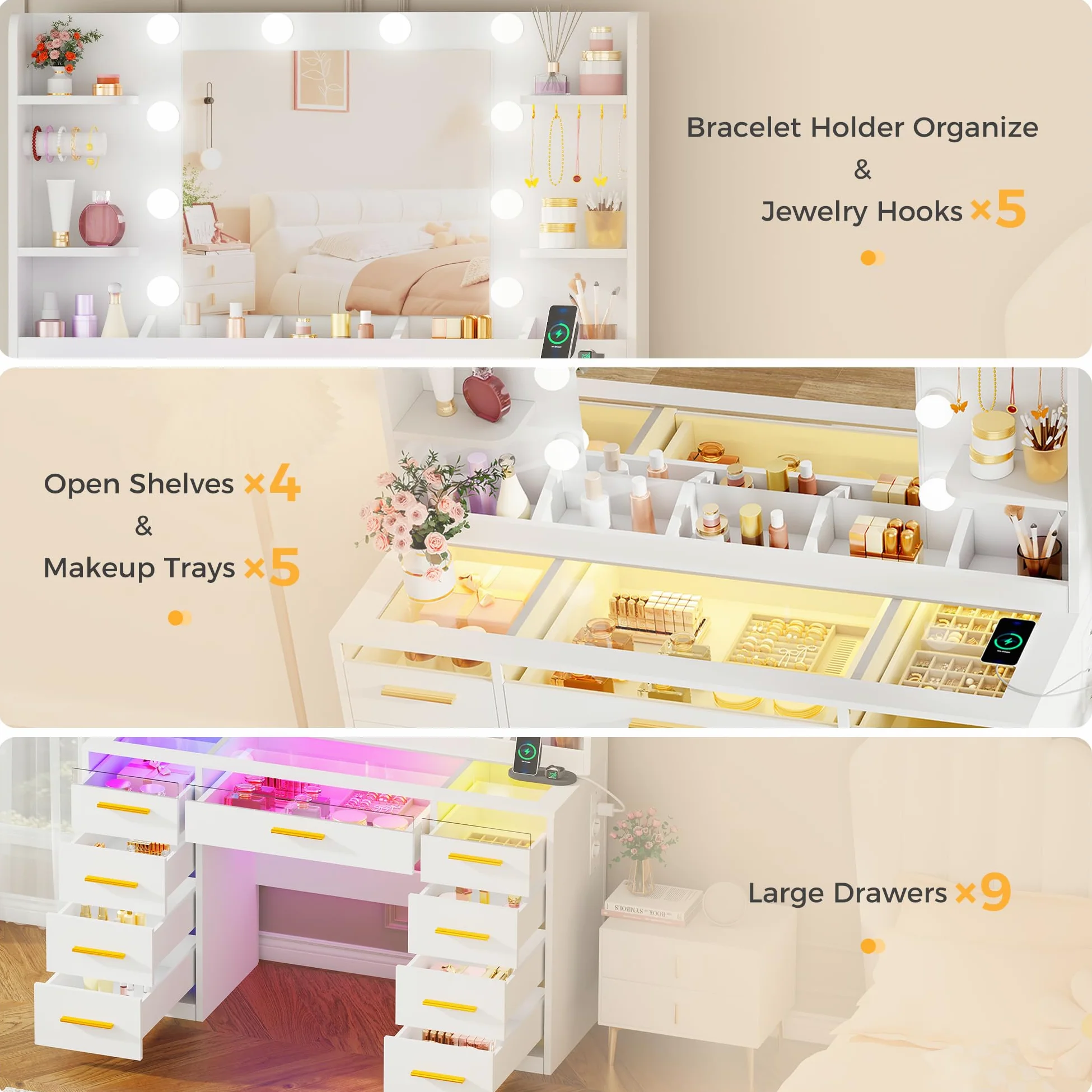 ANWBROAD Grande Toeletta da Trucco con Specchio e Luci RGB, Piano in Vetro | Luminosità Regolabile, Postazione Trucco con Prese 9 Cassetti RGB e 9 Ripiani Aperti Moderno Toletta Trucco Bianco BDT95W