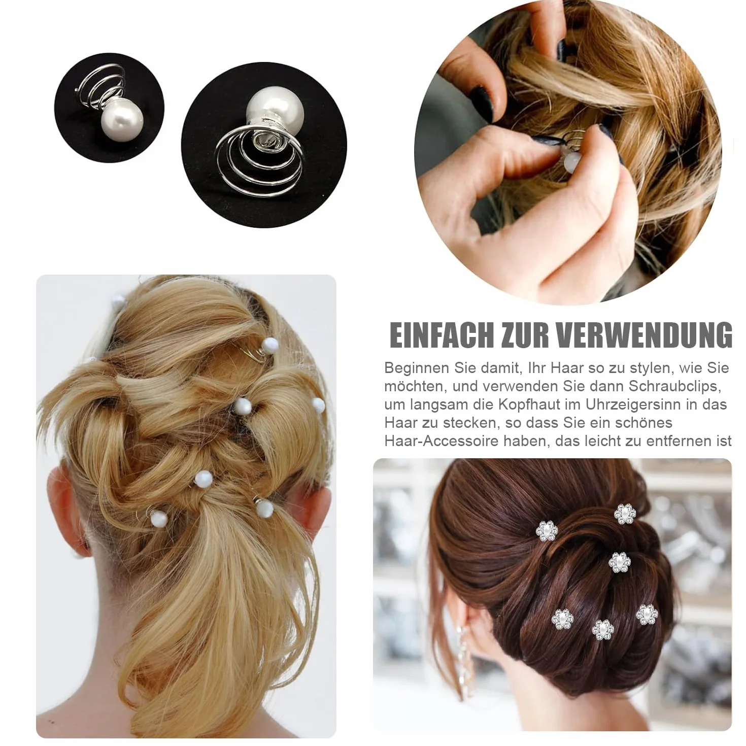 Forcine per capelli da sposa a spirale con strass perle diamante fiori 2 stili