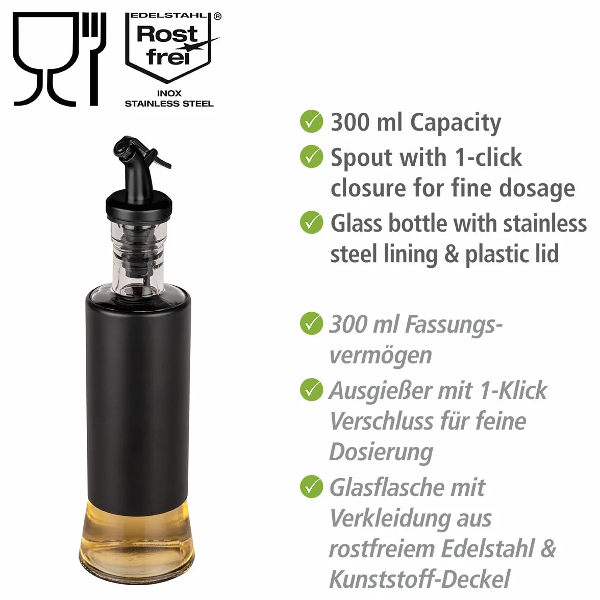 Wenko Oliera e acetiera Boga 300 ml beccuccio 1 click vetro acciaio inox plastica Ø 6 x 25 cm trasparente/nero