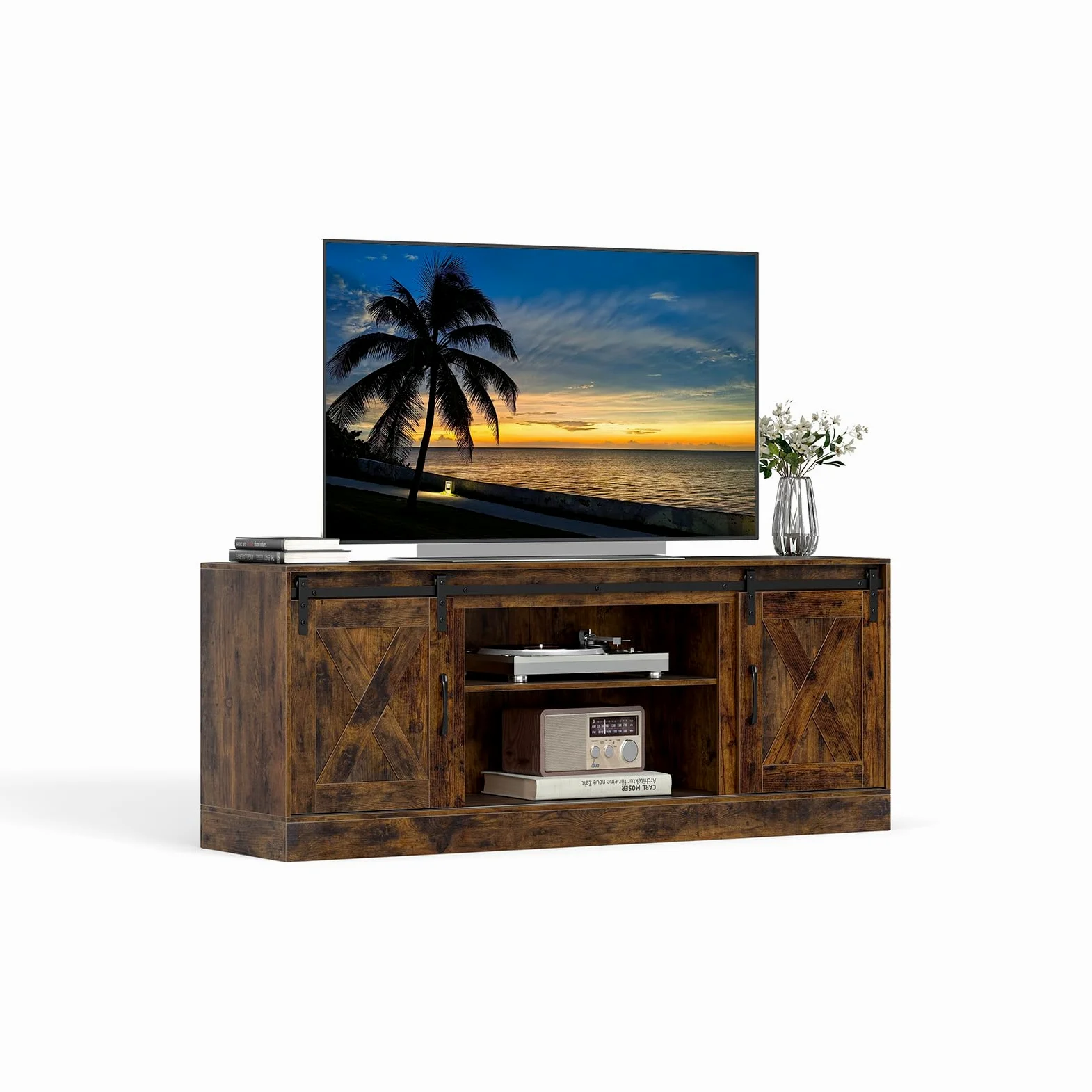 COSTWAY Mobile TV Soggiorno fino a 70'', Tavolino Porta TV con Porte Scorrevoli, Ripiani Regolabili, Consolle Media 150 cm per Soggiorno, Camera da Letto e Ingresso