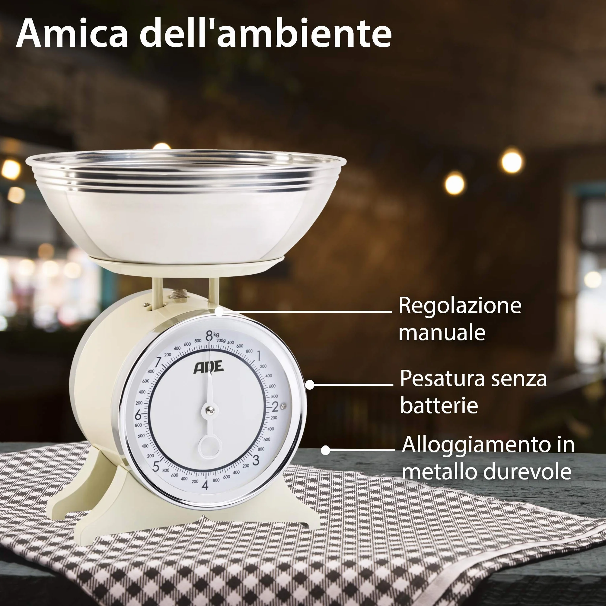 ADE Bilancia da cucina meccanica retrò 8 kg analogica con ciotola in acciaio inox bianco crema