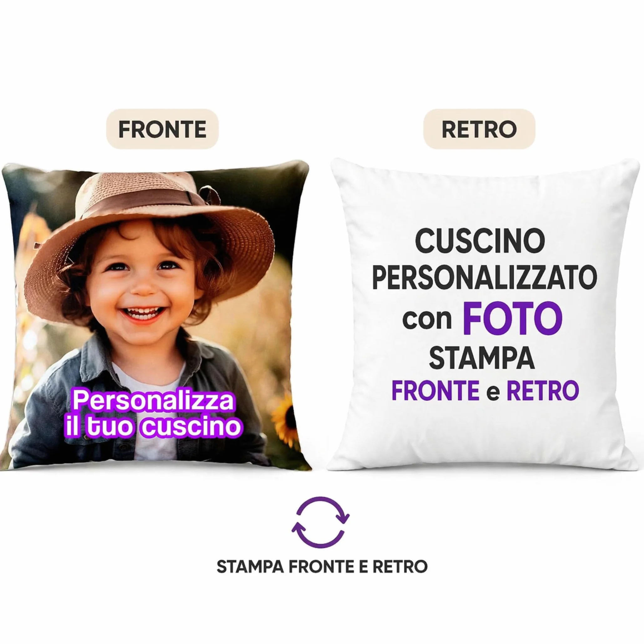 Cuscino Personalizzato 40x40cm con Foto Made in Italy - Doppia Stampa Fronte e Retro Idea Regalo
