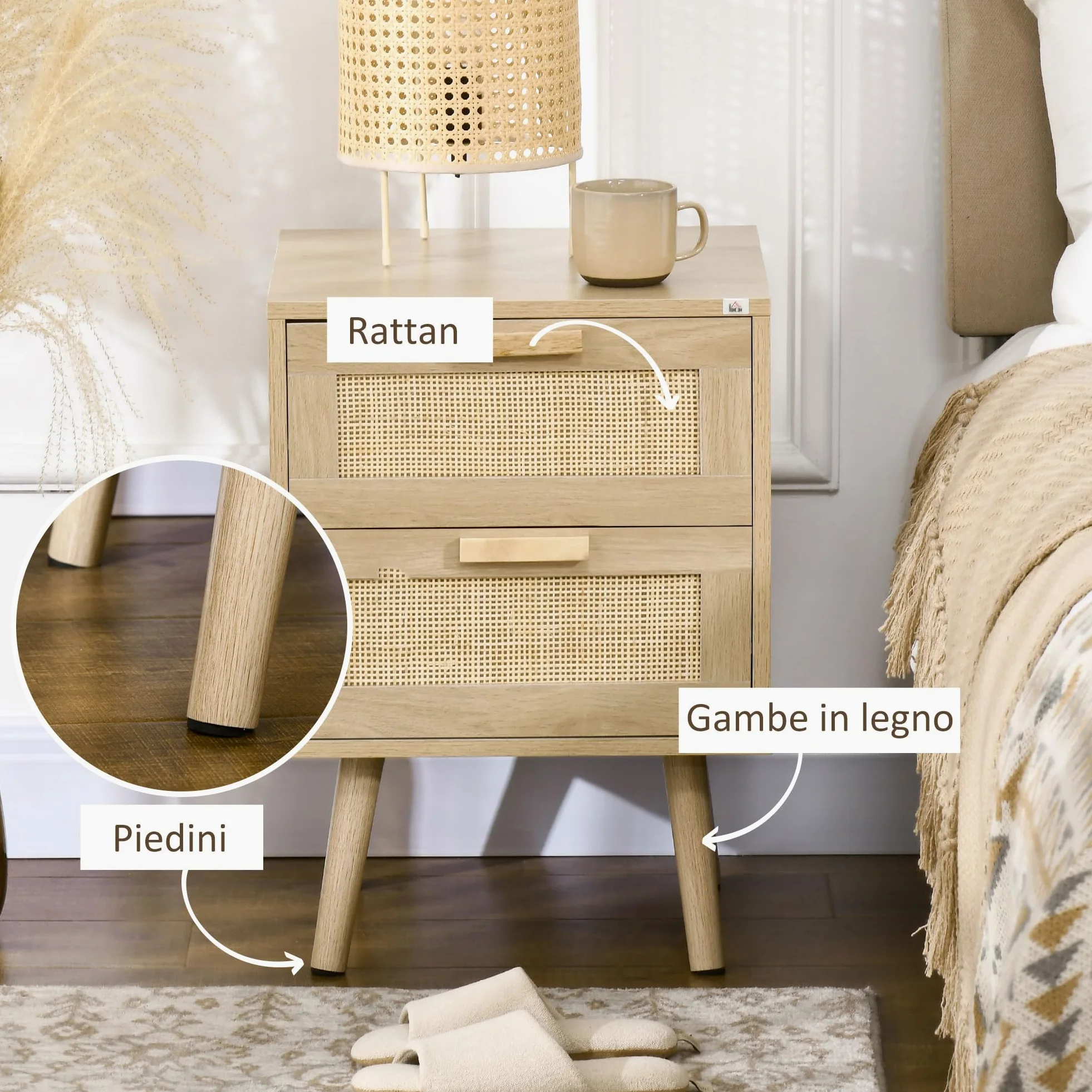 HOMCOM Set di 2 Comodini per Camera da Letto, Comodini Stile Boho Eleganti con 2 Cassetti, 40x40x56cm, Colore Legno Naturale