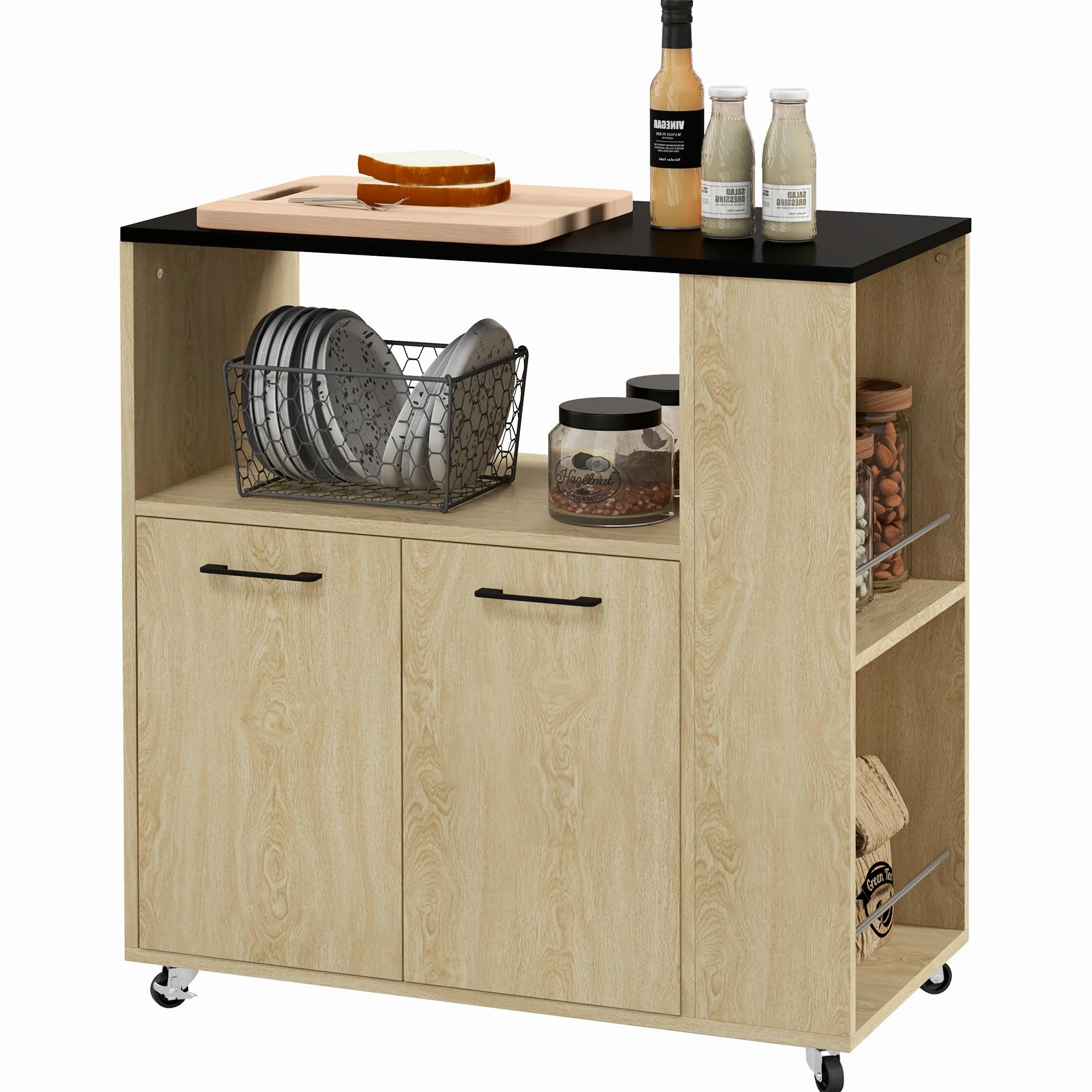 HOMCOM Carrello Cucina con Ripiano Aperto, Armadietto a 2 Ante e Scaffale Laterale a 2 Livelli, Carrello Multiuso con Ripiano Regolabile in Legno, 75x40x80.5 cm, Color Rovere e Nero