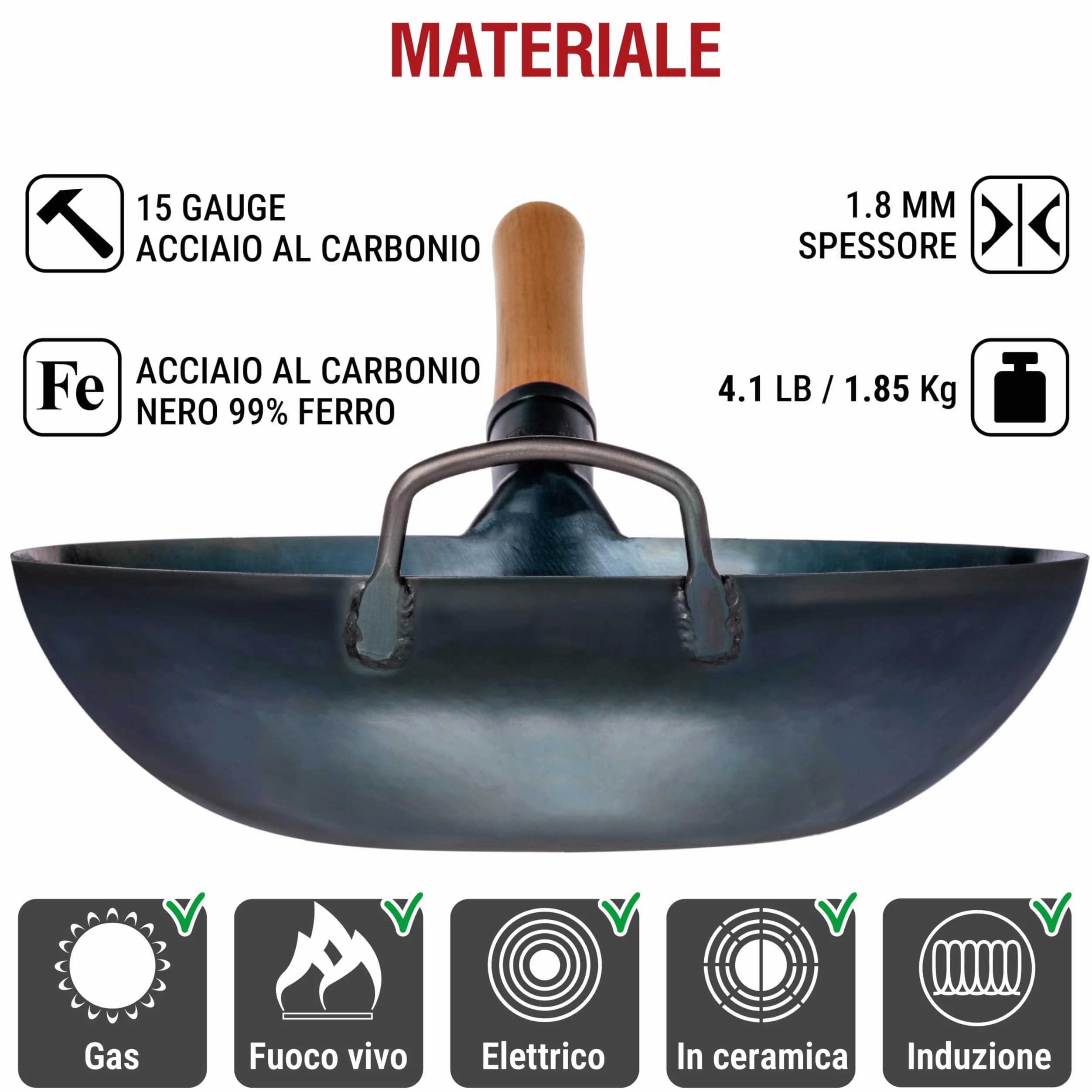 YOSUKATA Wok Padella Professionale 34 cm - Tradizionale Wok Acciaio al Carbonio Blu Fondo Piatto Precondizionato - Cinese Originale Padella - Adatto a Gas Induzione Elettrico Сeramica e Fuoco Aperto