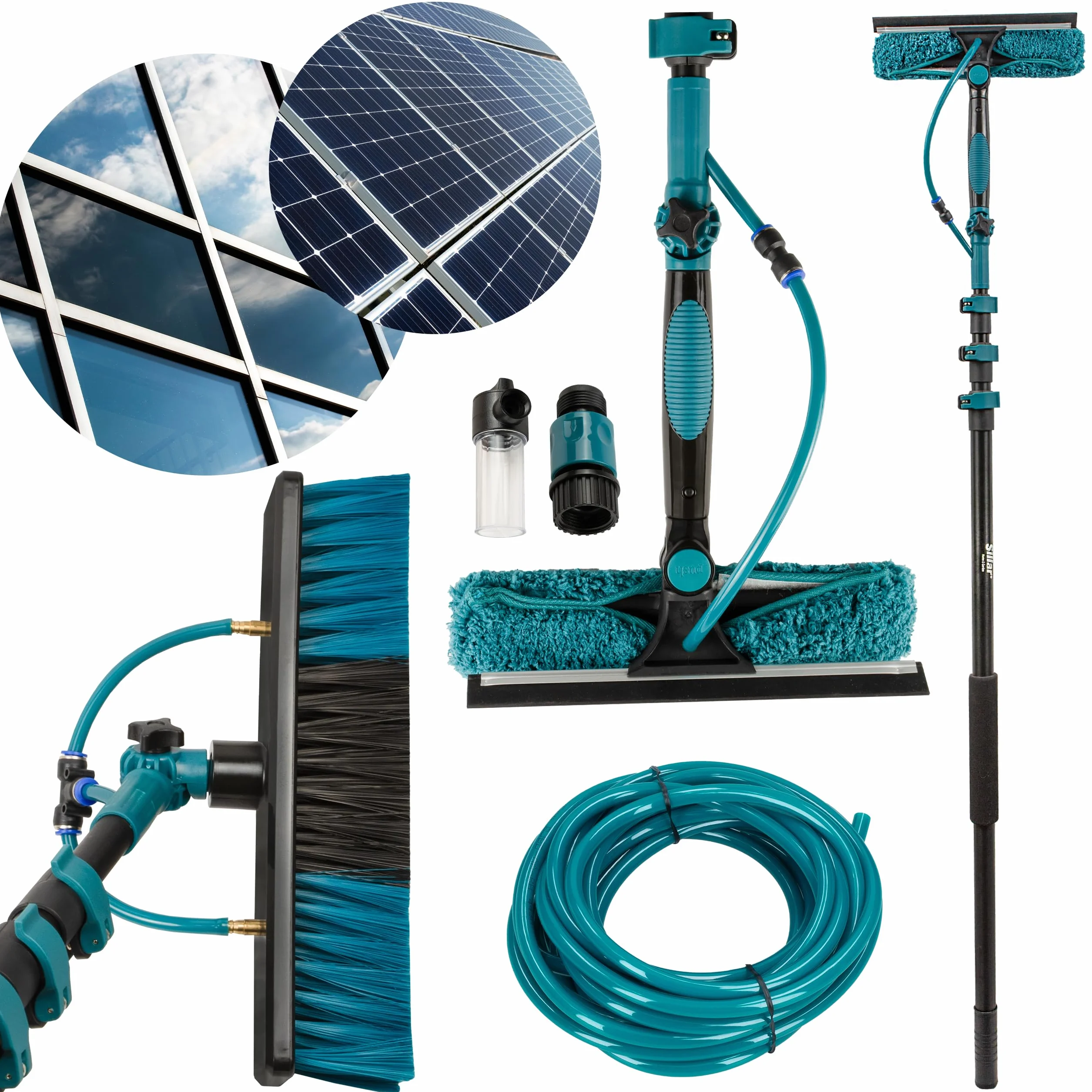 Sillar Scopa telescopica con Tubo Acqua, Estensibile 3,95 Metri, Contenitore detergente, Pulizia Pannelli fotovoltaici, Lavaggio di Camion, Auto, finestre, Poster di Negozi, imbarcazioni, Versatilità