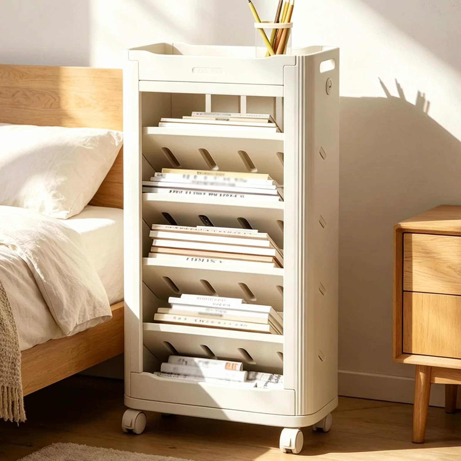 Libreria A 7 Livelli Su Ruote, Organizzatore Per Libri E Carrello Multiuso Mobile, Design Con Ripiani Inclinati, Organizzatore Stretto Per Aula, Ufficio, Studio E Casa(B)