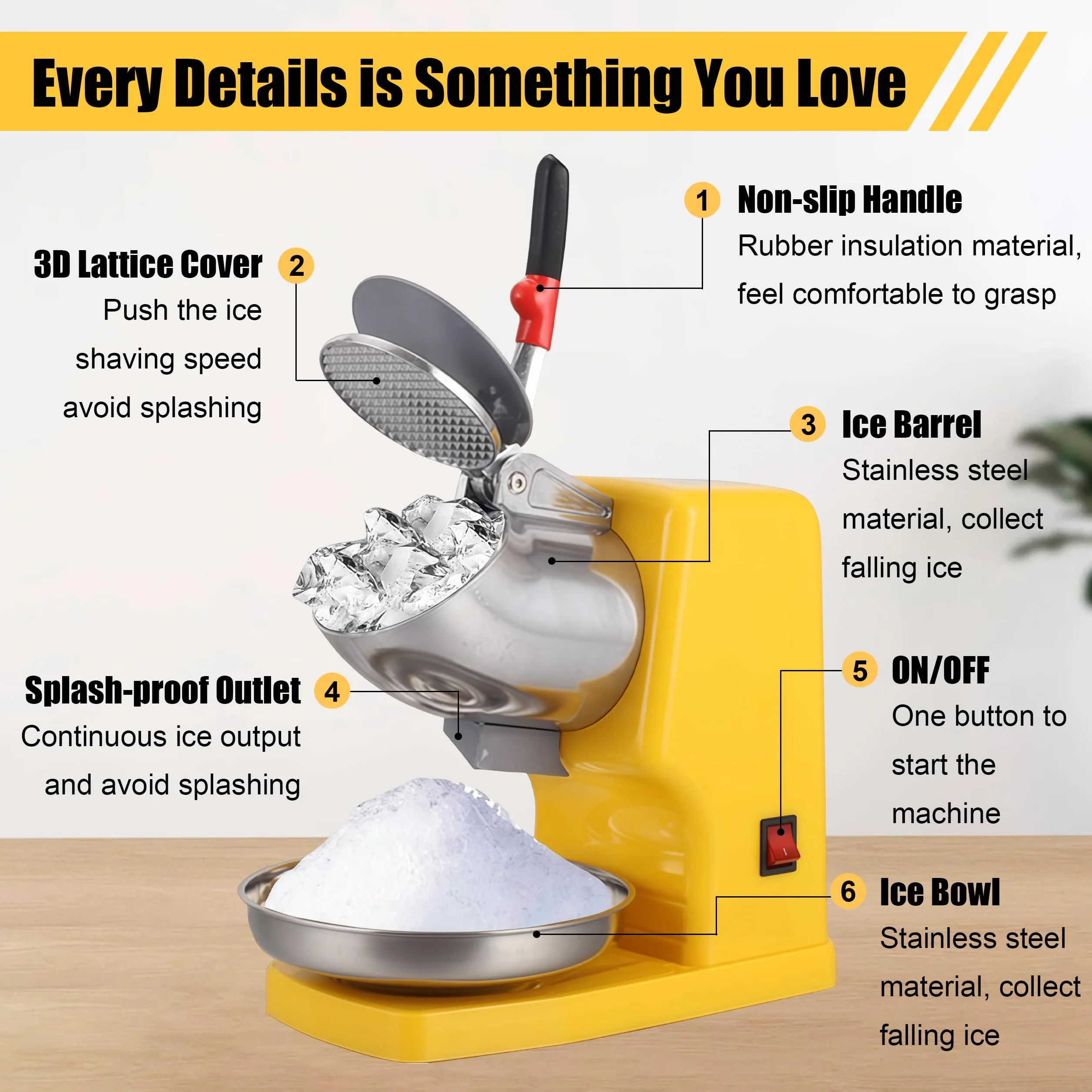 Tritaghiaccio Elettrico a 8 Lame 500 W 2200 giri/min Raspa per Ghiaccio 85 kg/h Crushed Ice Maker con Contenitore per Smoothie Bevande Fredde Tè al Latte e Miscelazione Bar
