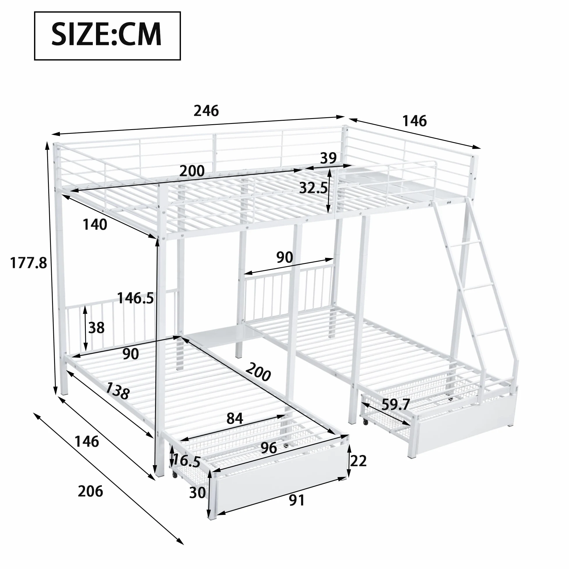 Moimhear Letto a castello triplo con cassetti, trasformabile in letto matrimoniale 140 x 200 e due letti singoli 90 x 200, letto multifunzionale con struttura in metallo (bianco)