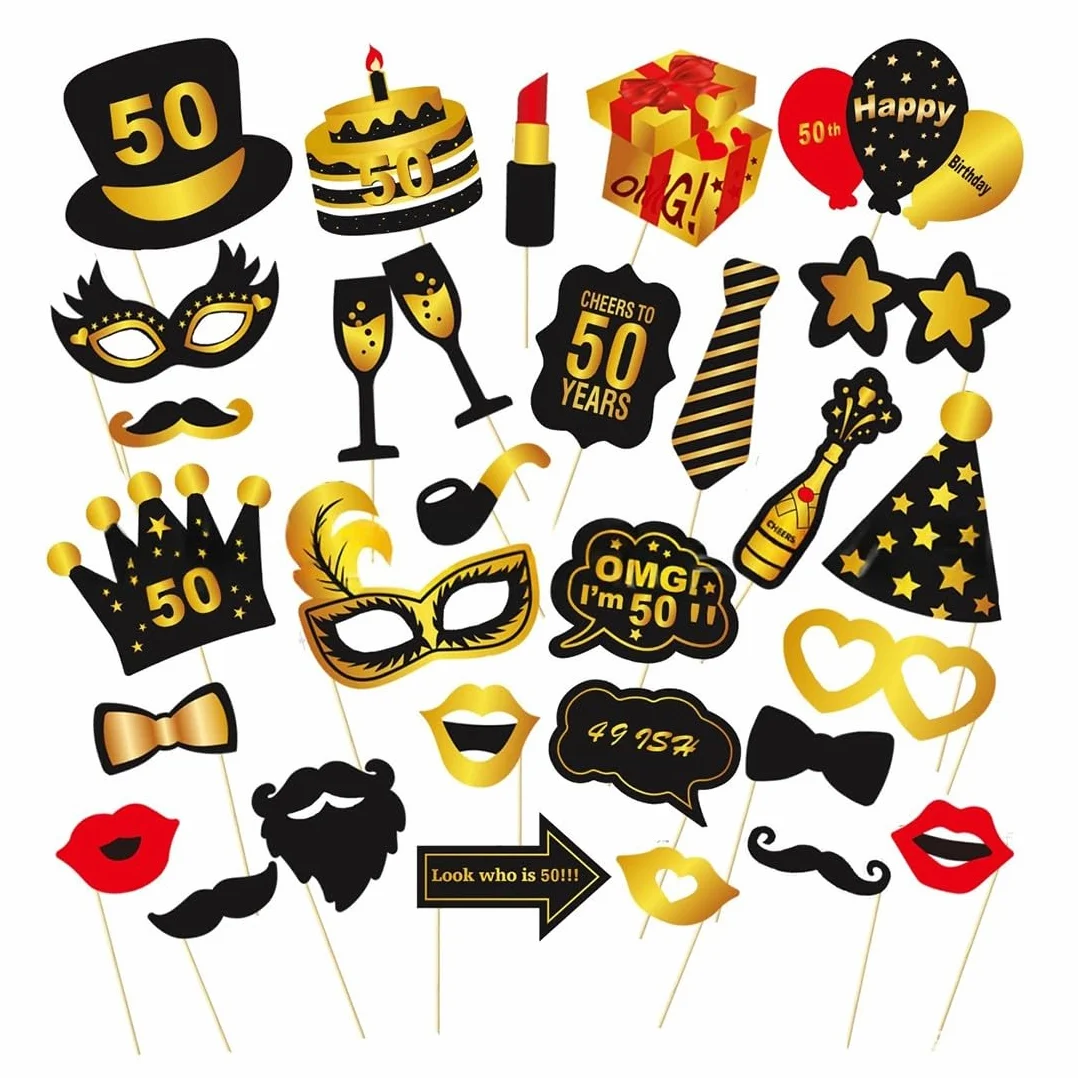 Accessori Photo Booth Decorazione Compleanno 50 Anni Nero Oro, Decorazione Tavolo per Feste
