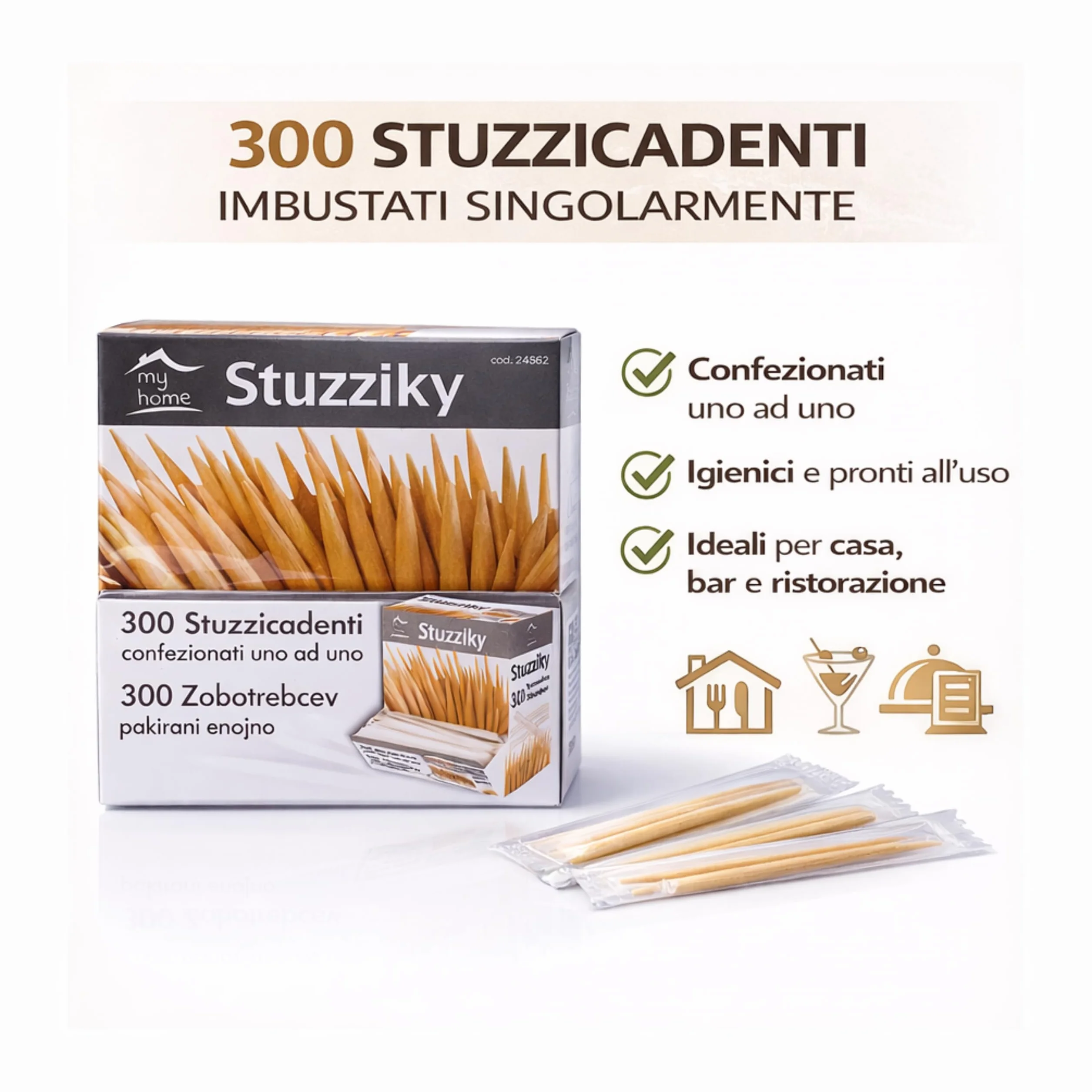 Stuzzicadenti in Legno a Doppia Punta 6,5 cm 300 Pezzi – Uso Alimentare
