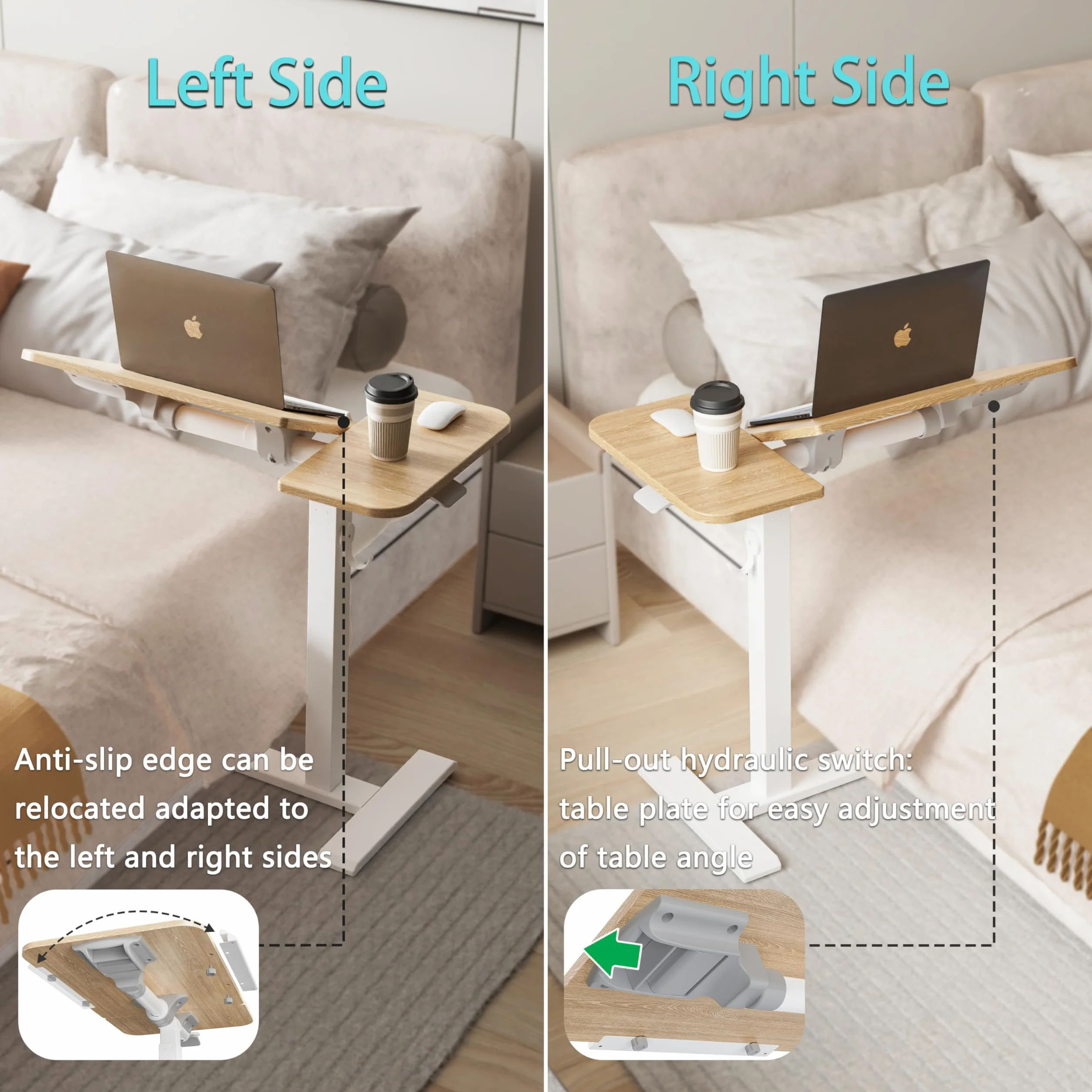 ETHU Tavolo per computer portatile regolabile in altezza, tavolino multifunzione con piano di lavoro inclinabile e ruote incassate, tavolo da letto portatile ergonomico per ufficio e casa (quercia)