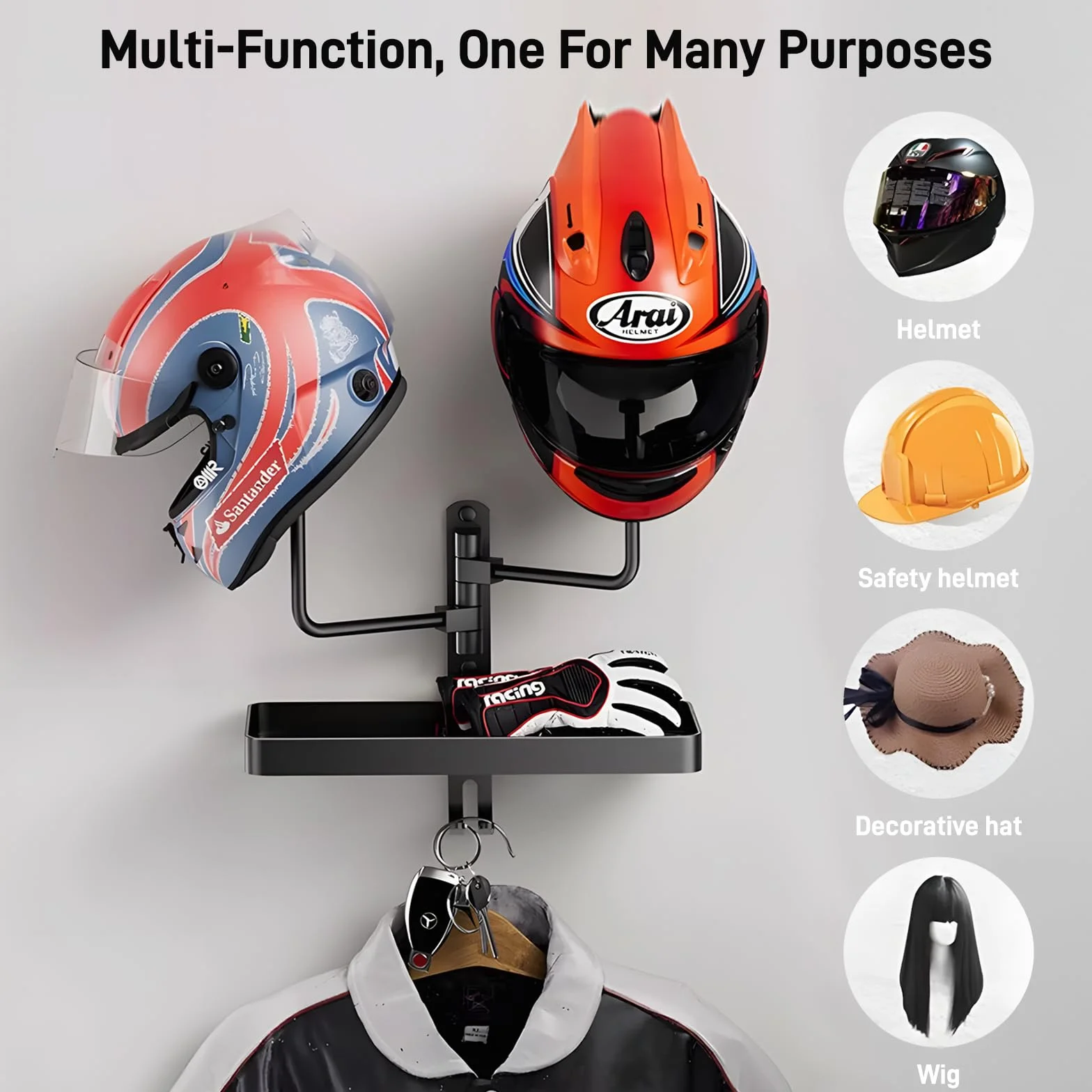 Portacasco Moto da Parete Multifunzione 180° con Ganci per Caschi Cappelli Parrucche