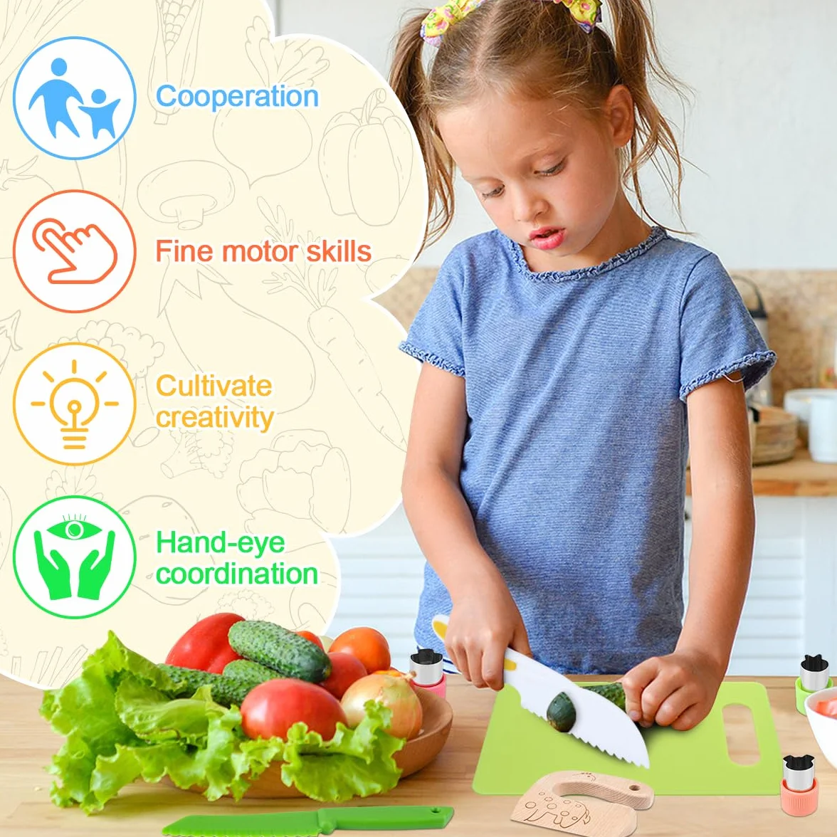 Set di 11 coltelli per bambini, coltello da cucina di sicurezza per bambini, set con formine per biscotti per verdure, coltello in legno, tagliere per bambini a partire dai 3 anni, set da cucina