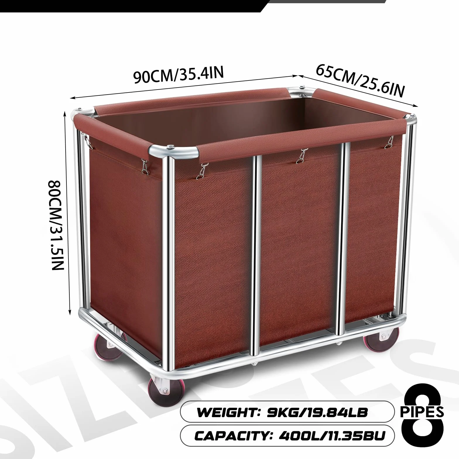 Carrello per lavanderia commerciale, 400 l, grande, in acciaio pesante, resistente e inodore, con ruote e fodera in tela rimovibile, per Lndustrial/casa (colore marrone)