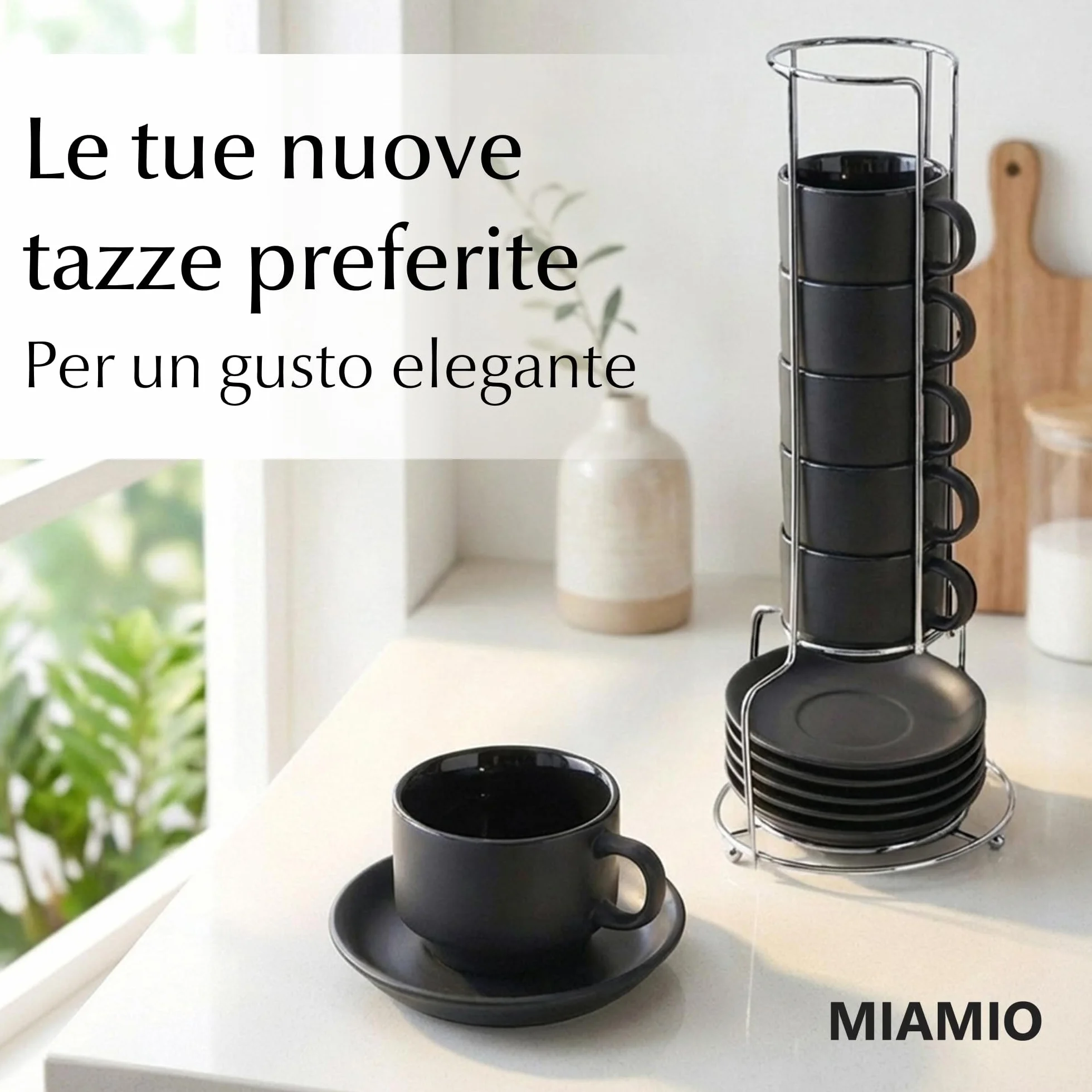 Le Papillon Collezione Set di Tazze da Caffè in Ceramica 6 x 75 ml Espresso Tazzina Impilabile Nero