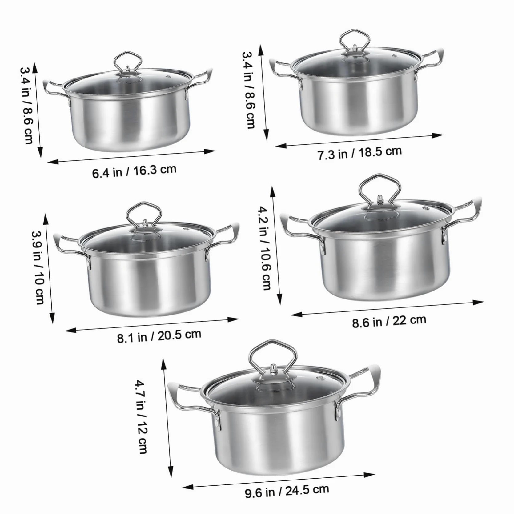 Gatuida Set 10 Pezzi Pentole in Acciaio Inox con Doppio Manico e Coperchio in Vetro, Pentole per Zuppa, Stufato e Porridge, Compatibili Piani Cottura a Induzione, per Cucina Domestica