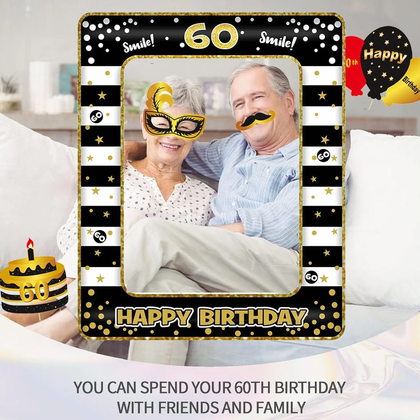 Photo Booth Compleanno Accessori 60 Anni Fai da Te Carta Foto Frame Baffi Occhiali Cappelli