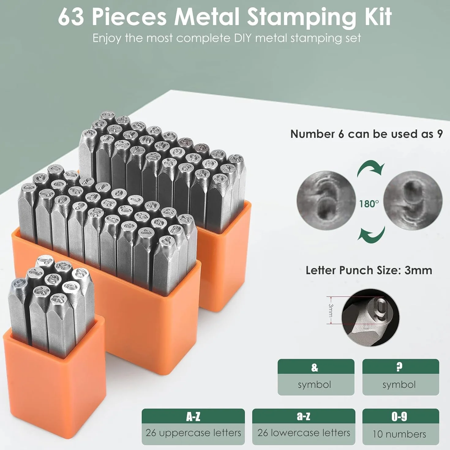 Sunowl 63PCS Timbri in Metallo con Lettere e Numeri 3mm Punzone per Metallo Alfabeto A-Z a-z Numero 0-9 & Simbolo Kit