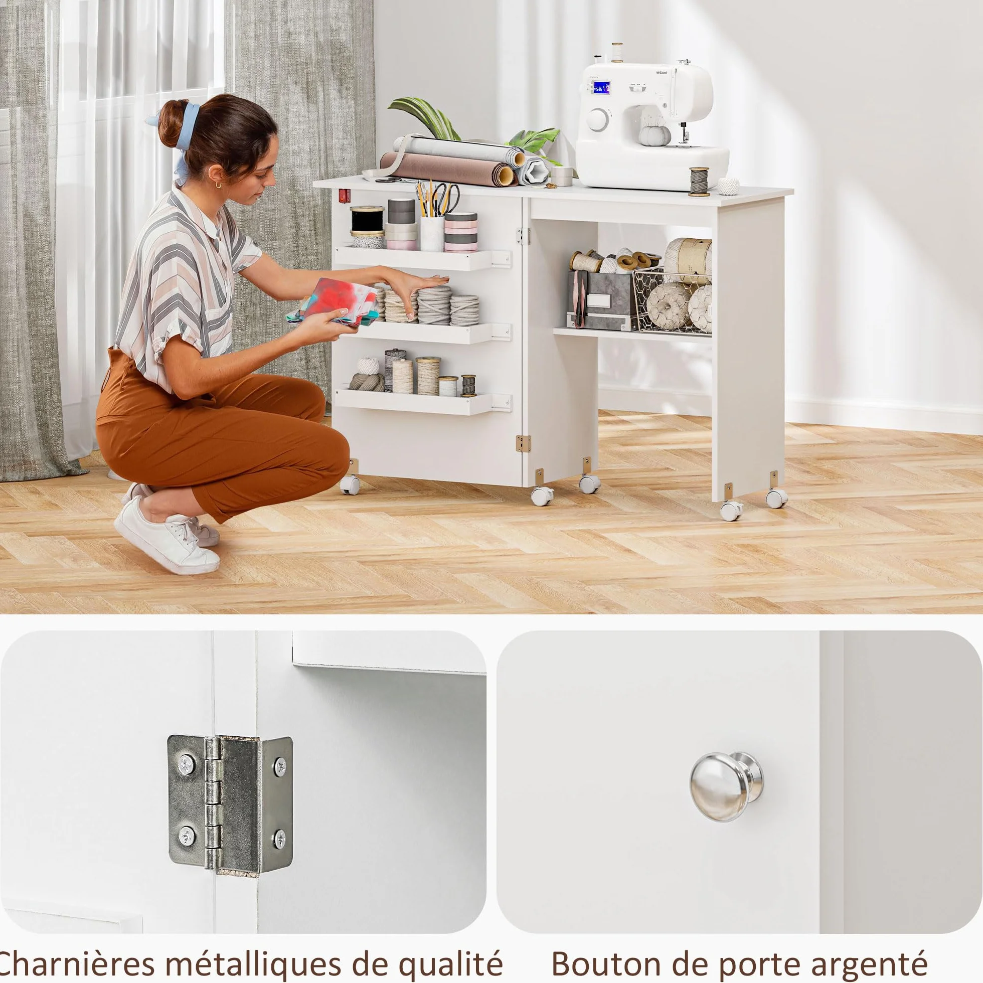 HOMCOM Tavolo da cucito pieghevole Armadio da cucito pieghevole con scomparti, ripiano aperto e rotelle, mobile per macchine da cucire, per soggiorno, ufficio, studio, dim. 118 x 40 x 79,5 cm, bianco
