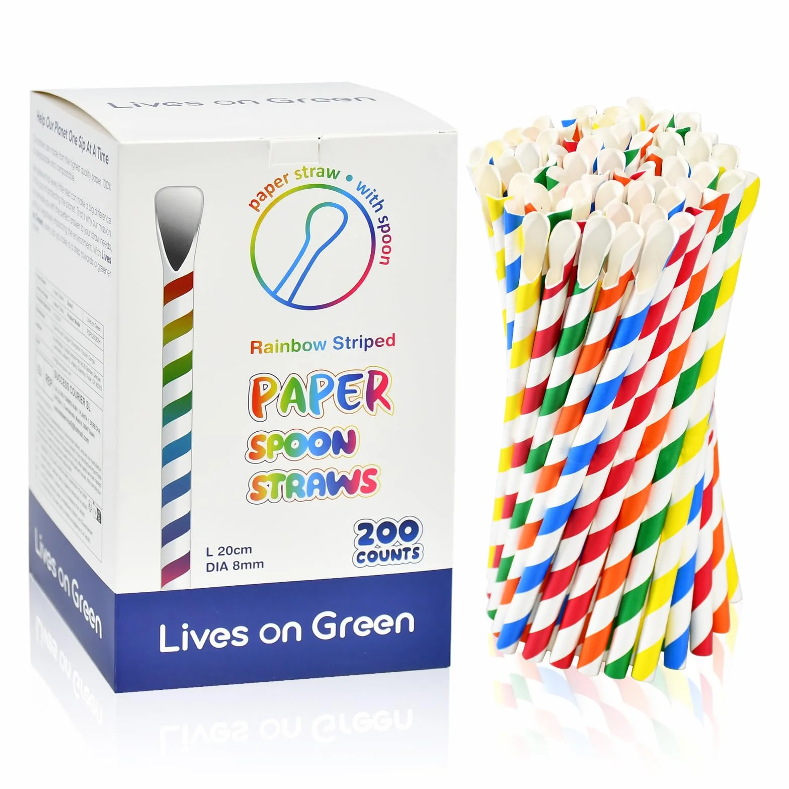 Cannucce usa e getta in carta con cucchiaio, cannucce di carta per slushy, frullati, frappè, bevande congelate, 20,0 x 0,8 cm, 200 pezzi, strisce colorate, biodegradabili