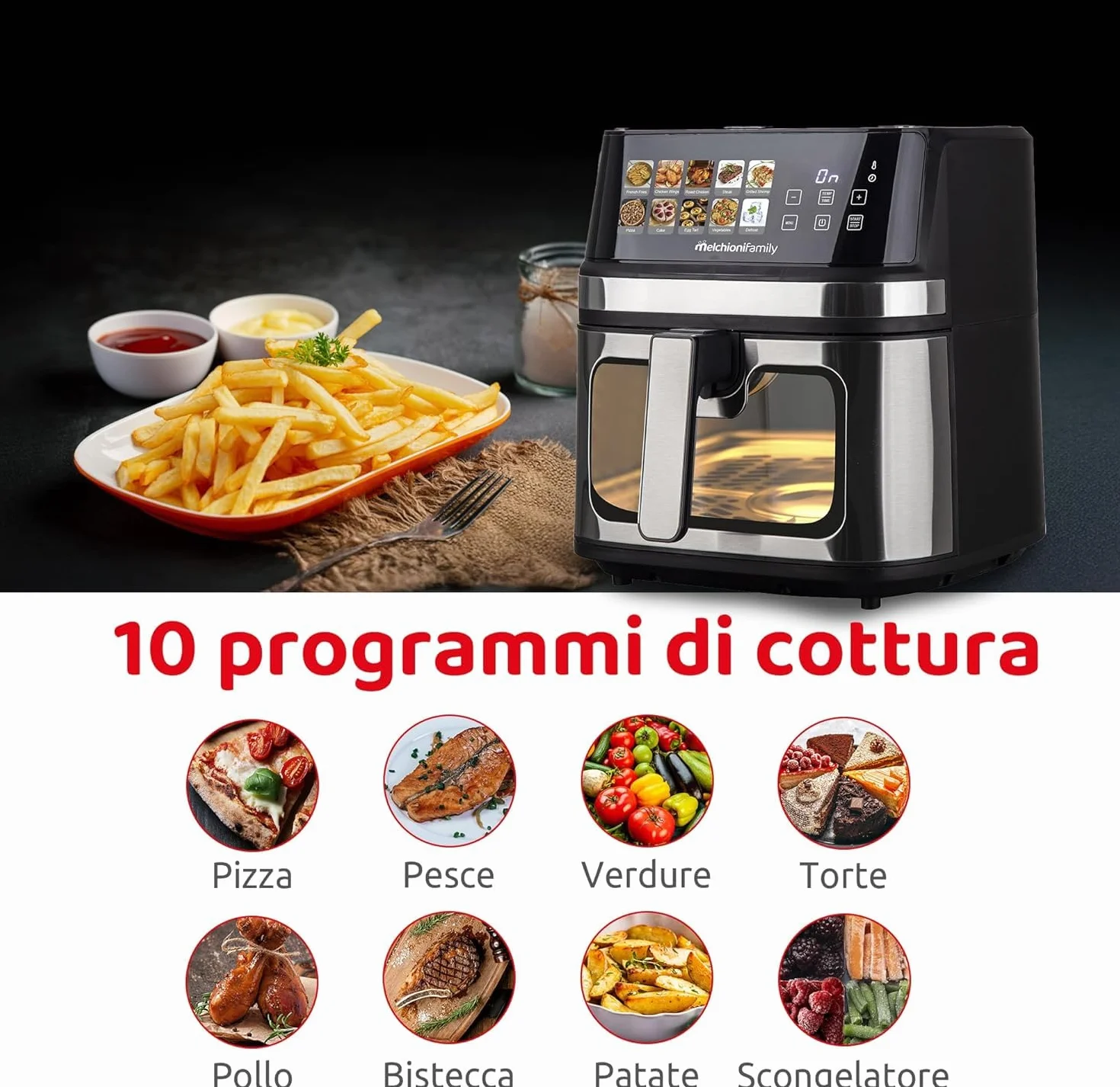Melchioni Gaia Plus Friggitrice ad Aria 8 Litri 2200 Watt Display LED 10 Programmi Timer 60 Minuti Vetro Ricondizionato