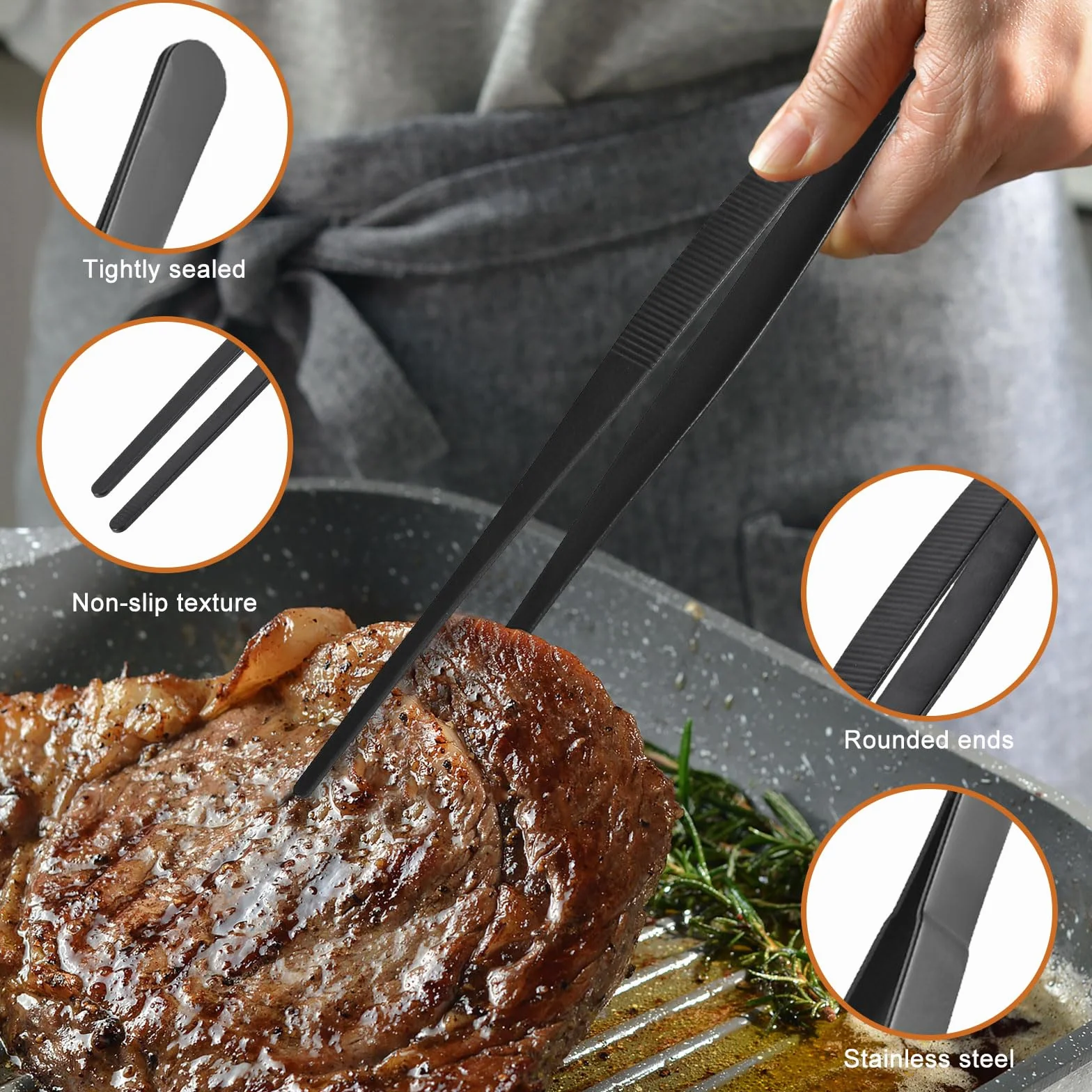 Pinze da Cucina in Acciaio Inox 30 cm, Confezione da 2, Utensili Professionali per Griglia, Nero