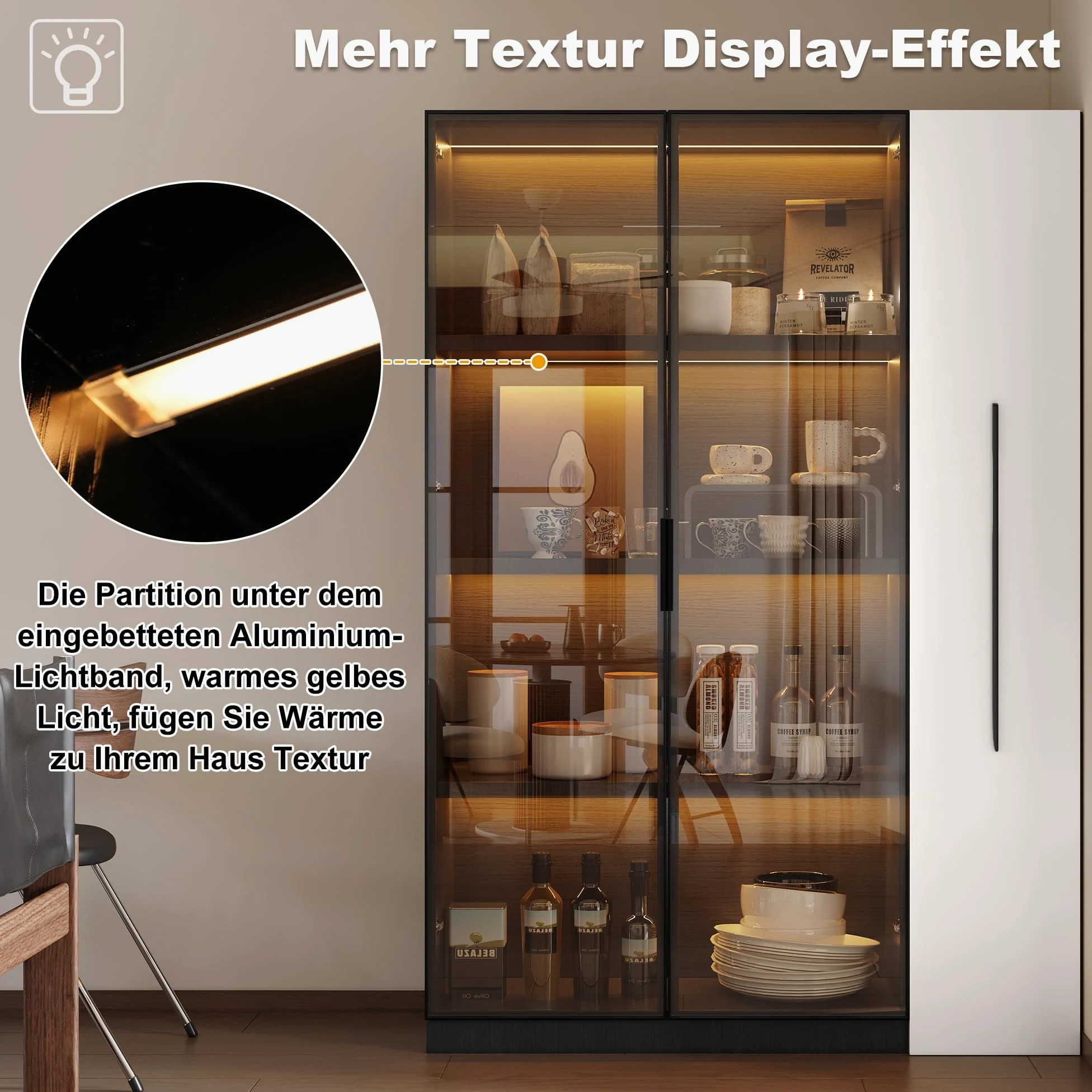 Armadio multifunzione/alto/da sala da pranzo 110,5 x 35 x 160 cm, vetrina con anta in vetro e LED, estensione laterale, design in bianco e nero, stile moderno, (nero, 110,5 x 5 x 160 cm)