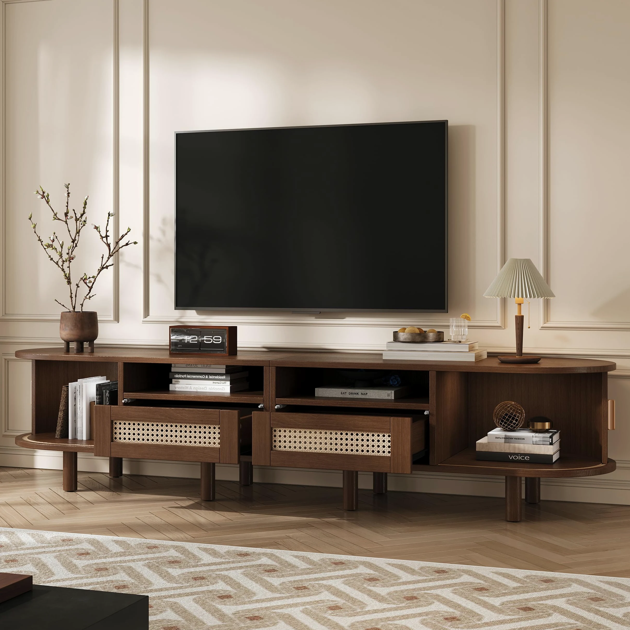 SACOOL Supporto per TV ovale e tavolo per TV, 170 x 40 x 40 cm, mobile TV con 2 cassetti design in rattan, 2 ante scorrevoli, lowboard fino a 70 pollici, tavola TV e cassettiera TV, noce